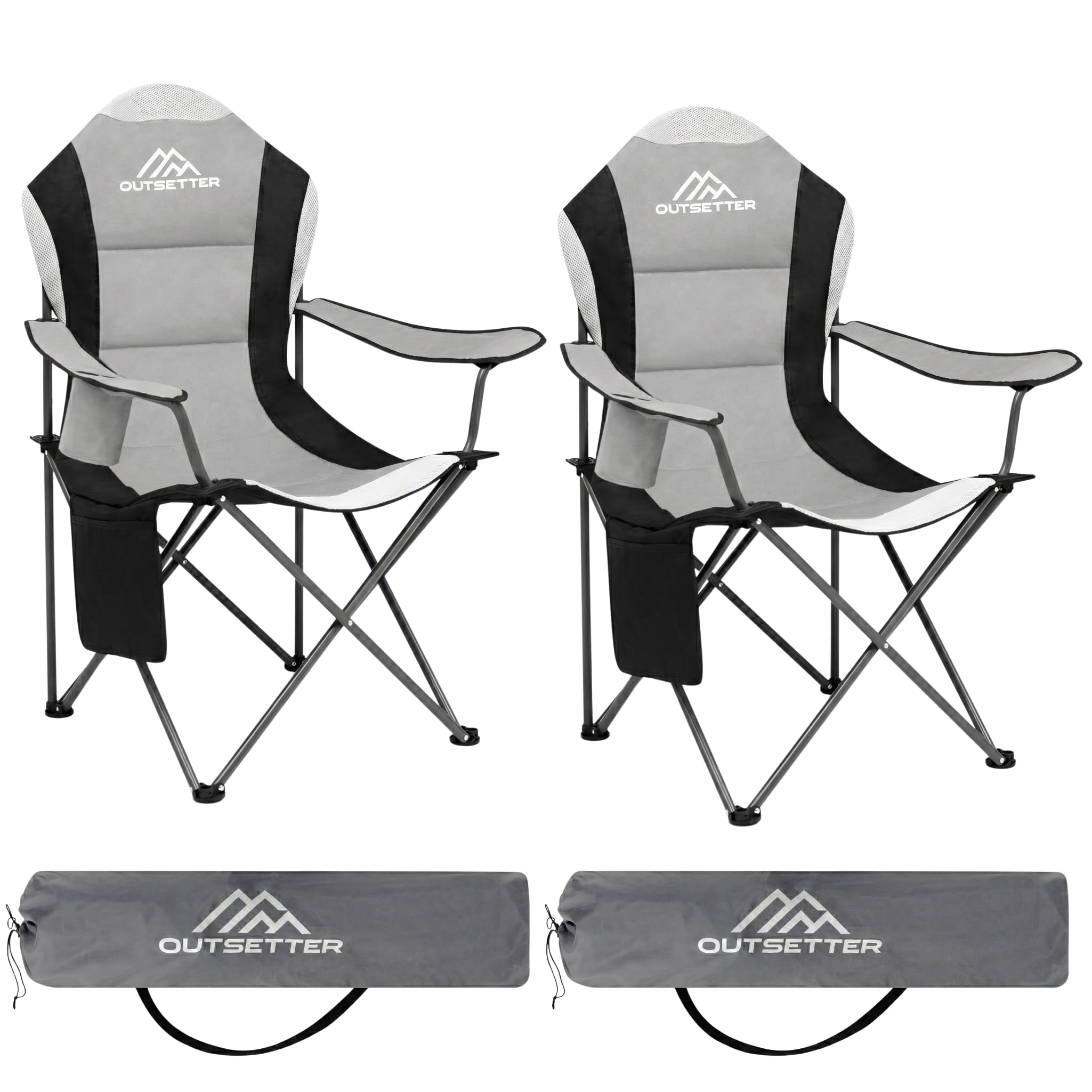 2 Pack Folding Camping Chair High Back, Large Padded Chair with Cup Holder and Side Pockets ,Seat with Breathable Mesh, Portable & Comfortable,Holds up to 120kg for Outdoors, Fishing(Light Grey)
