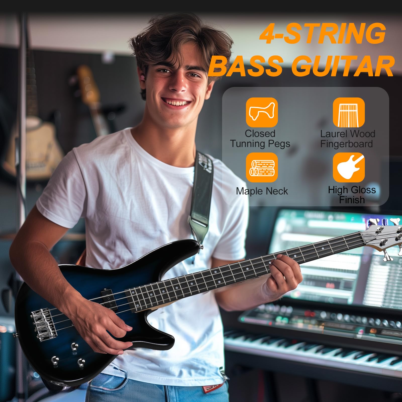 Ktaxon 4 String Electric Bass Guitar, Full Size Standard Right Handed Rosewood Fingerboard Beginner Kit with Cable Wrench Tool (Lake Blue)