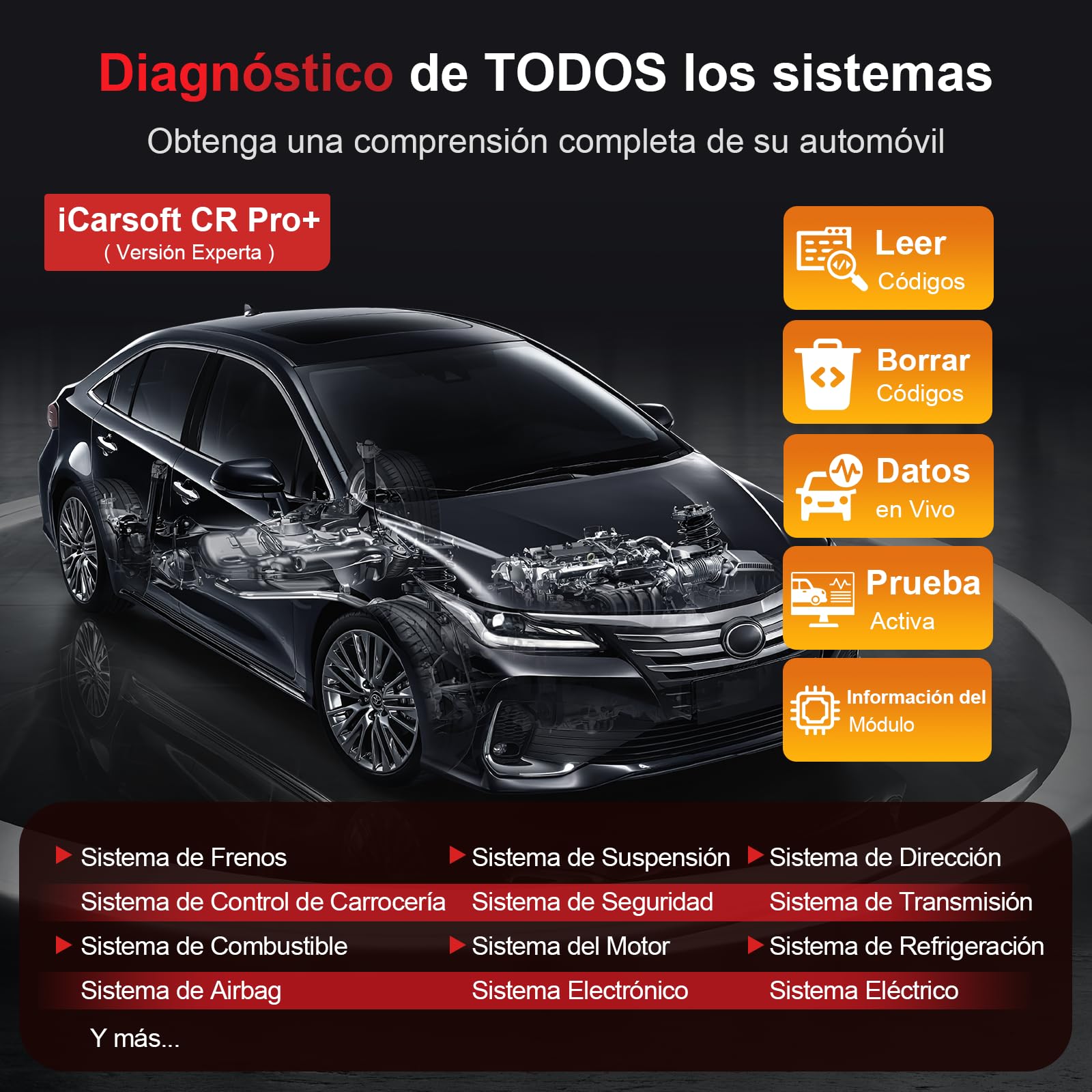 iCarsoft CR Pro+ OBD2 Máquina Diagnosis Coche Multimarca Español, Escáner de Todo el Sistema, 49 Funciones Reinicio, Bidireccional Detector Fallos Coche, Prueba de Batería, Vin Automático