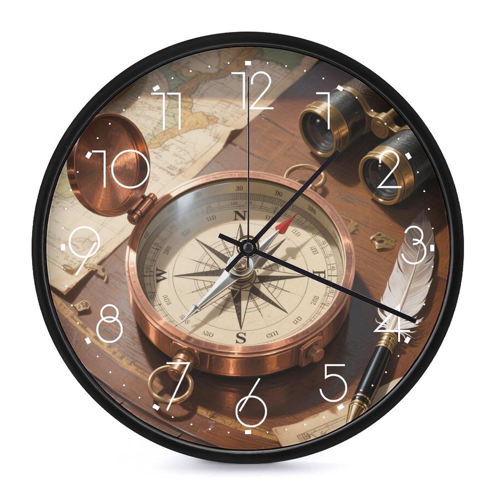 DWVTSLH Compass Wall Clock 10 Inch Silent Non-Ticking Modern Clocks Battery Operated - Decorative Wall Clocks for Bedroom Living Room Kitchen Office Wall Decor Gift Idea