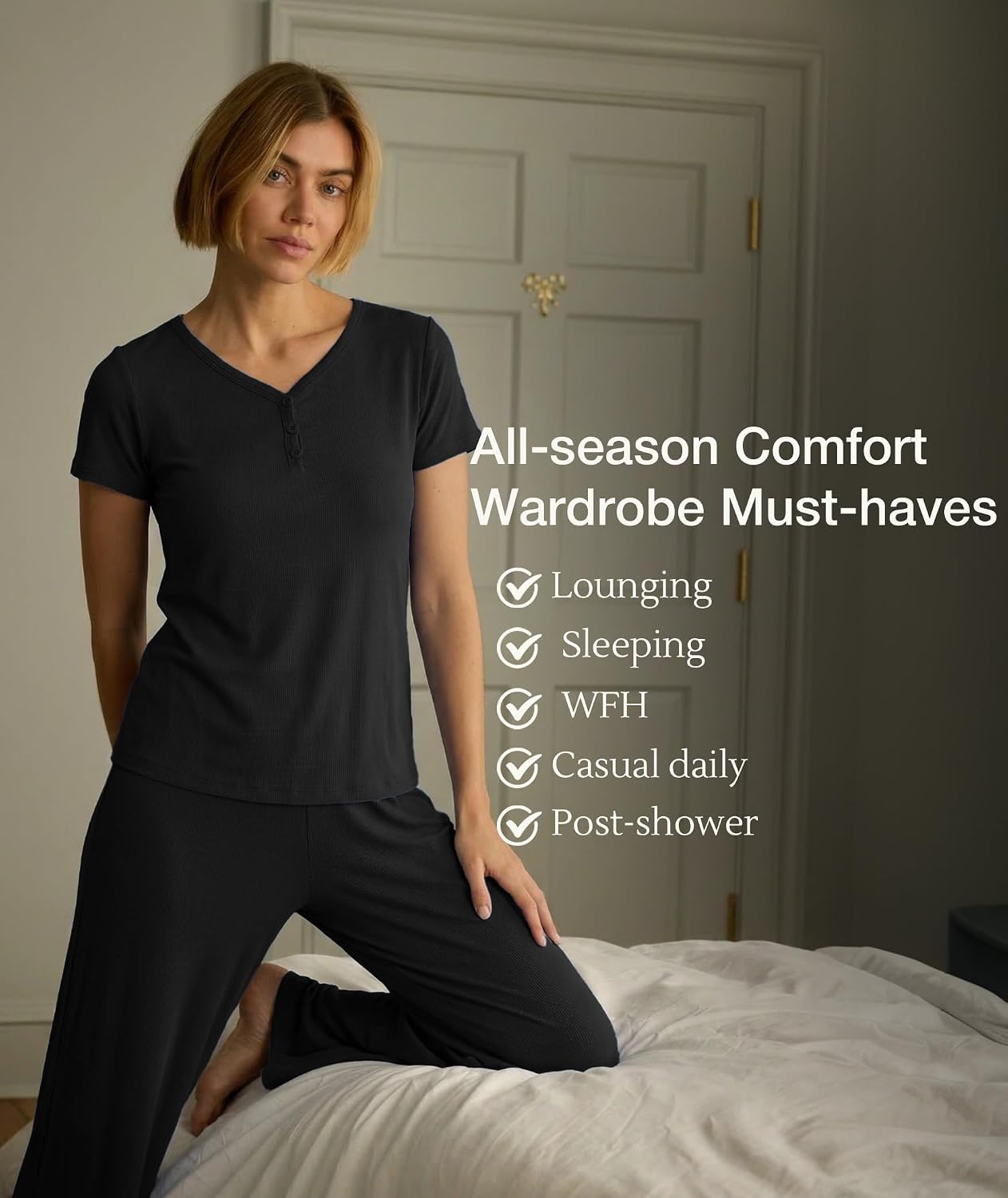 GYS Bamboo Viscose Pajamas for Women Set, 2 Piece Buttery-soft Loungewear Pjs Set Comfy Henley Neck T-shirt and Pants Outfits