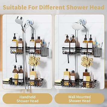 KEGII Shower Caddy Hanging for Handheld Showerheads, Rustproof Hanging Shower Organizer with Soap Dish, Toothbrush Holder and Hooks, Over Showerhead Caddy for Bathroom
