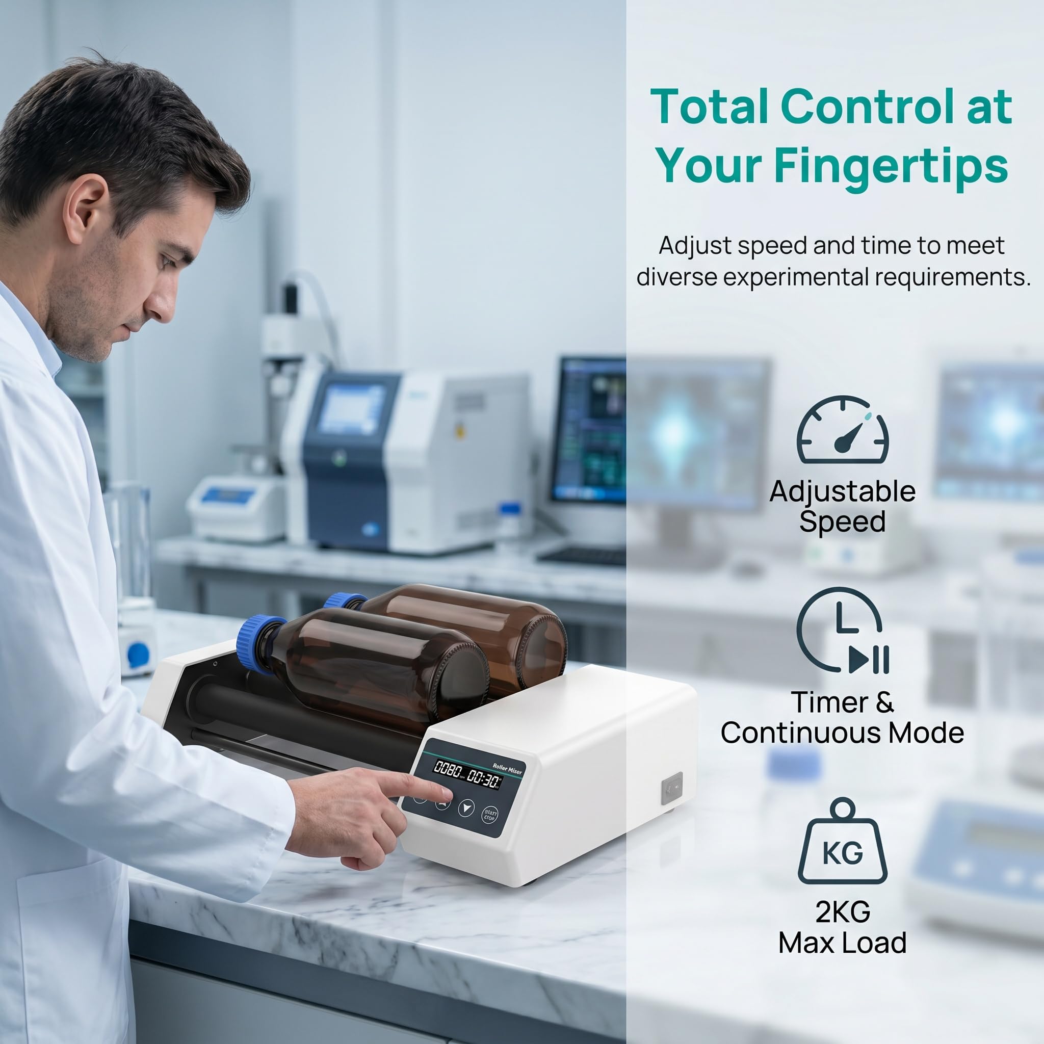 Mezclador De Rodillos para Frascos De Laboratorio, Agitador Digital Basculante De 4 Rodillos para Frascos De Reactivos, Velocidad Ajustable De 20 A 80 RPM, Modos De Temporización Y Continuo