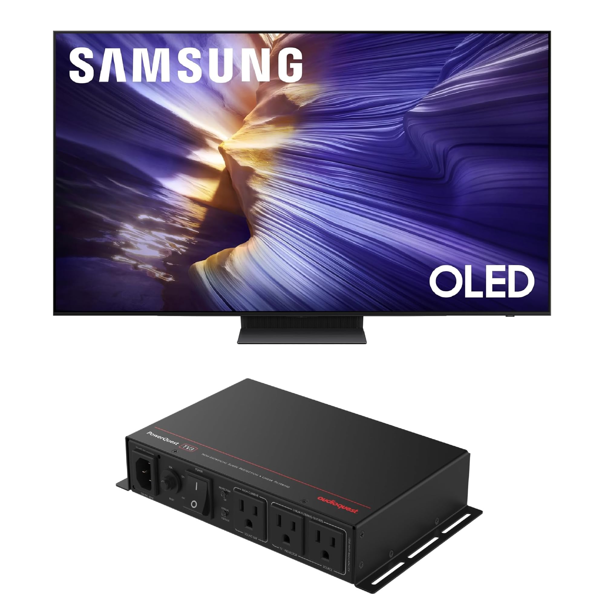 Samsung QN65S90FAFXZA 65 Inch 4K OLED Smart TV with an AudioQuest PQTV3 3-Outlet Non-Sacrificial Surge Protector (2025)