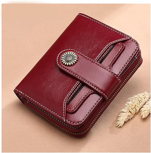 Miniatura 2 de Carteras de moda de cuero genuino para mujer, carteras cortas de piel vacuno con cadena, lindo monedero pequeño monedero monedero cartera para