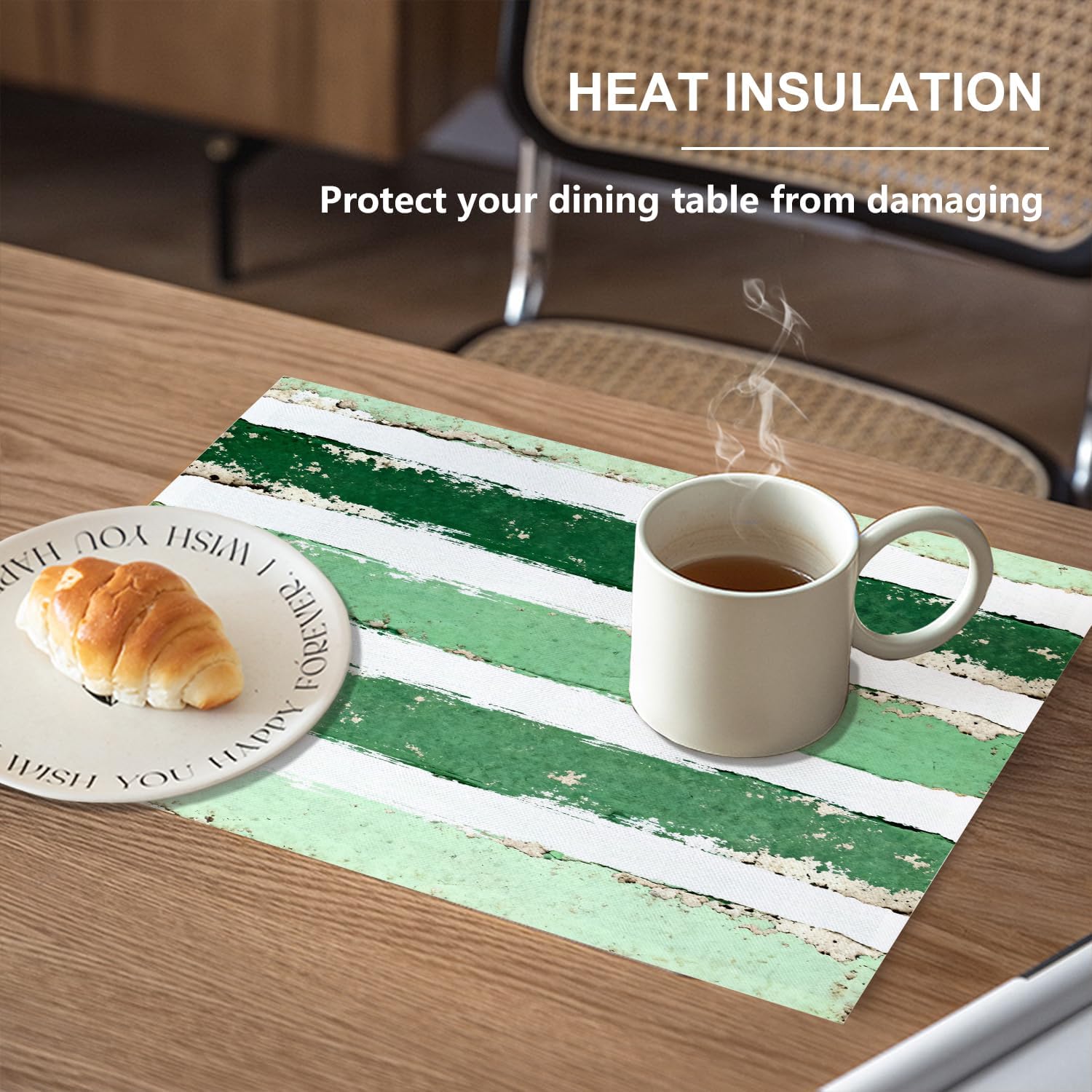 Apple Green Brushstrokes Placemats,Apple Green with White Stripe Place Mats for Dining/Kitchen Table Waterproof Washable Linen Heat Insulation Dinner Table Mats 12x18 in 4 PCS