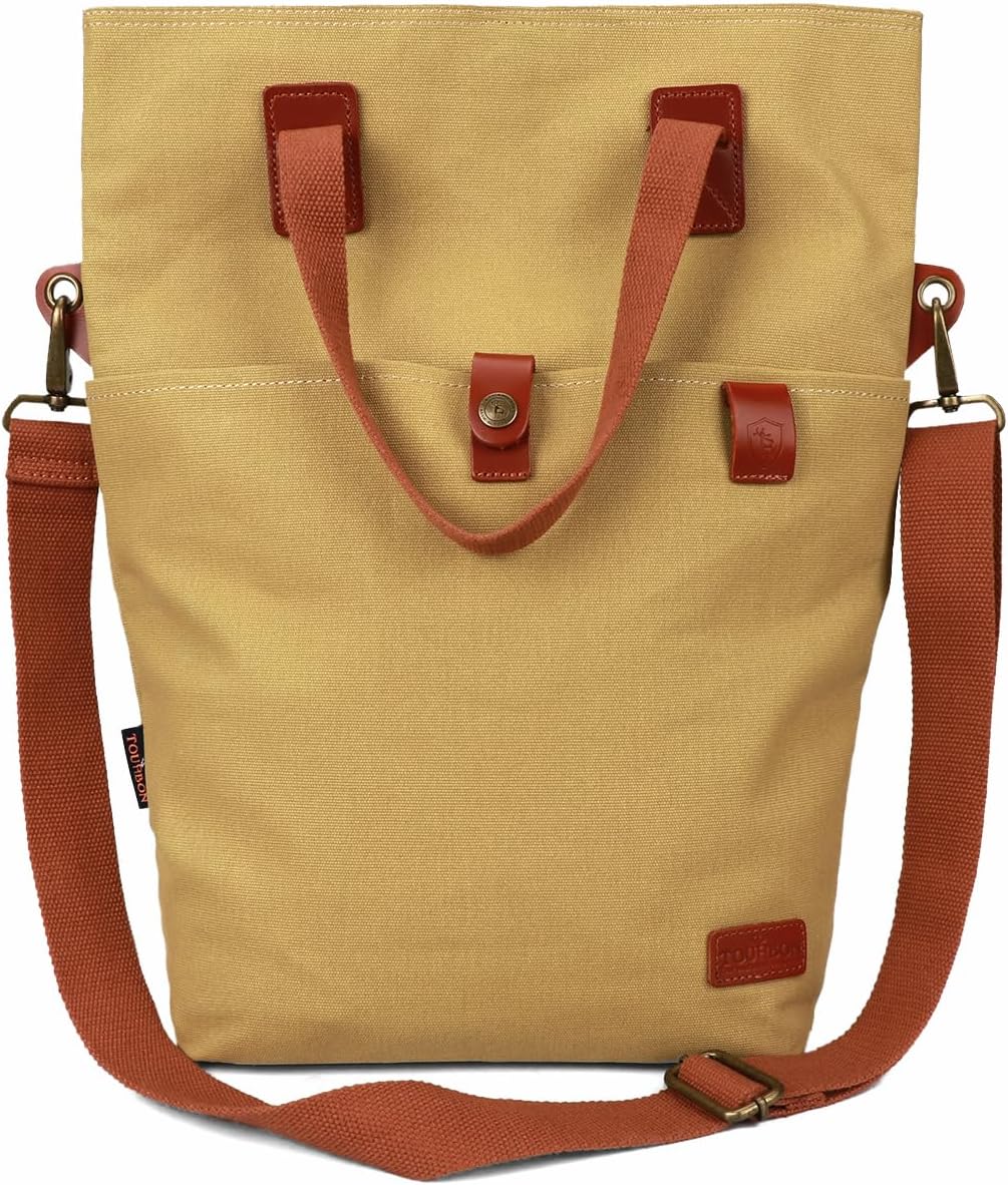 TOURBON Canvas Clip-On Quick-Release Bike Panniers Women's Shoulder Tote Bag (Khaki)