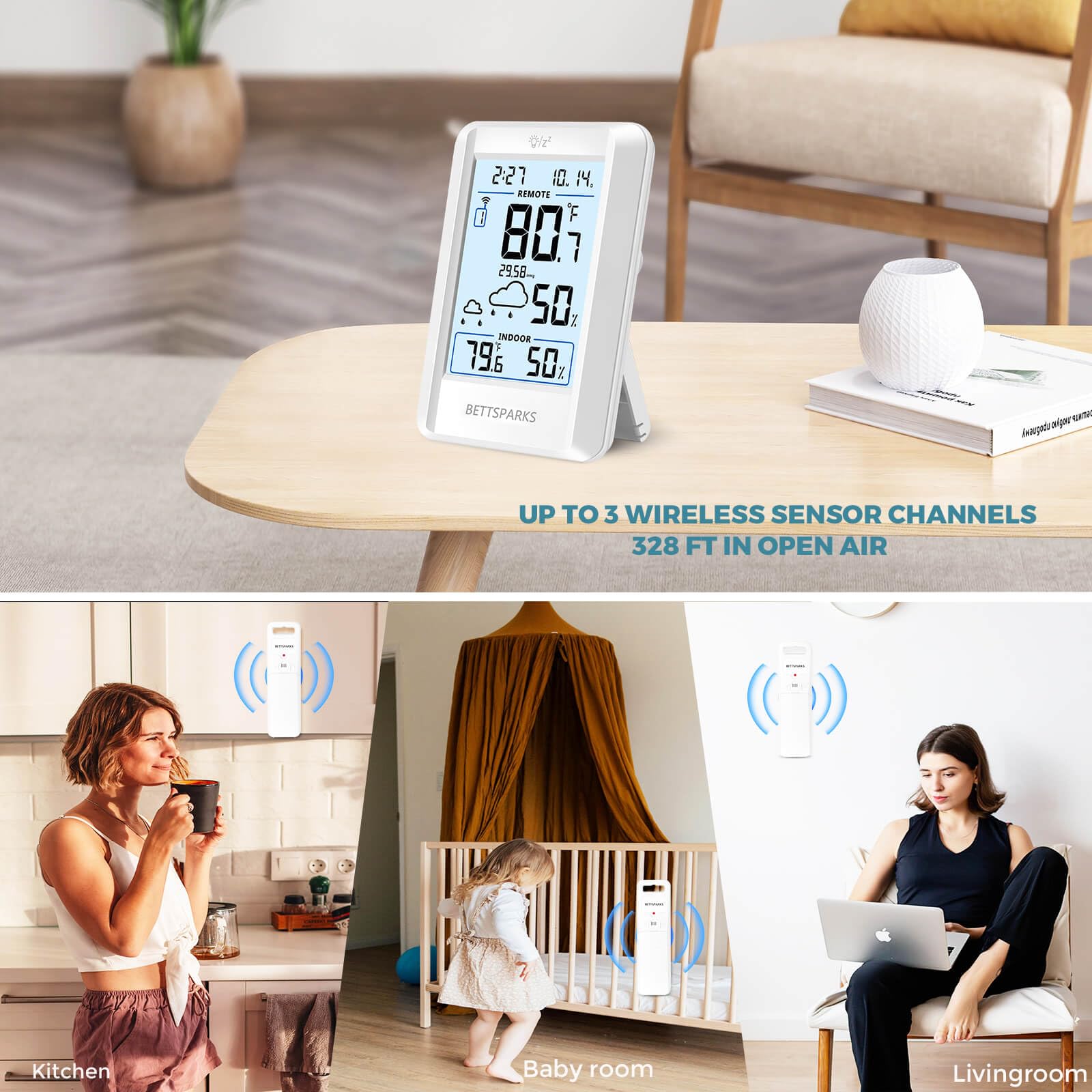Termometro per interni ed esterni, stazione meteo wireless, termometri interni ed esterni, con sensore remoto da 100,6 m, display retroilluminato alimentato a batteria