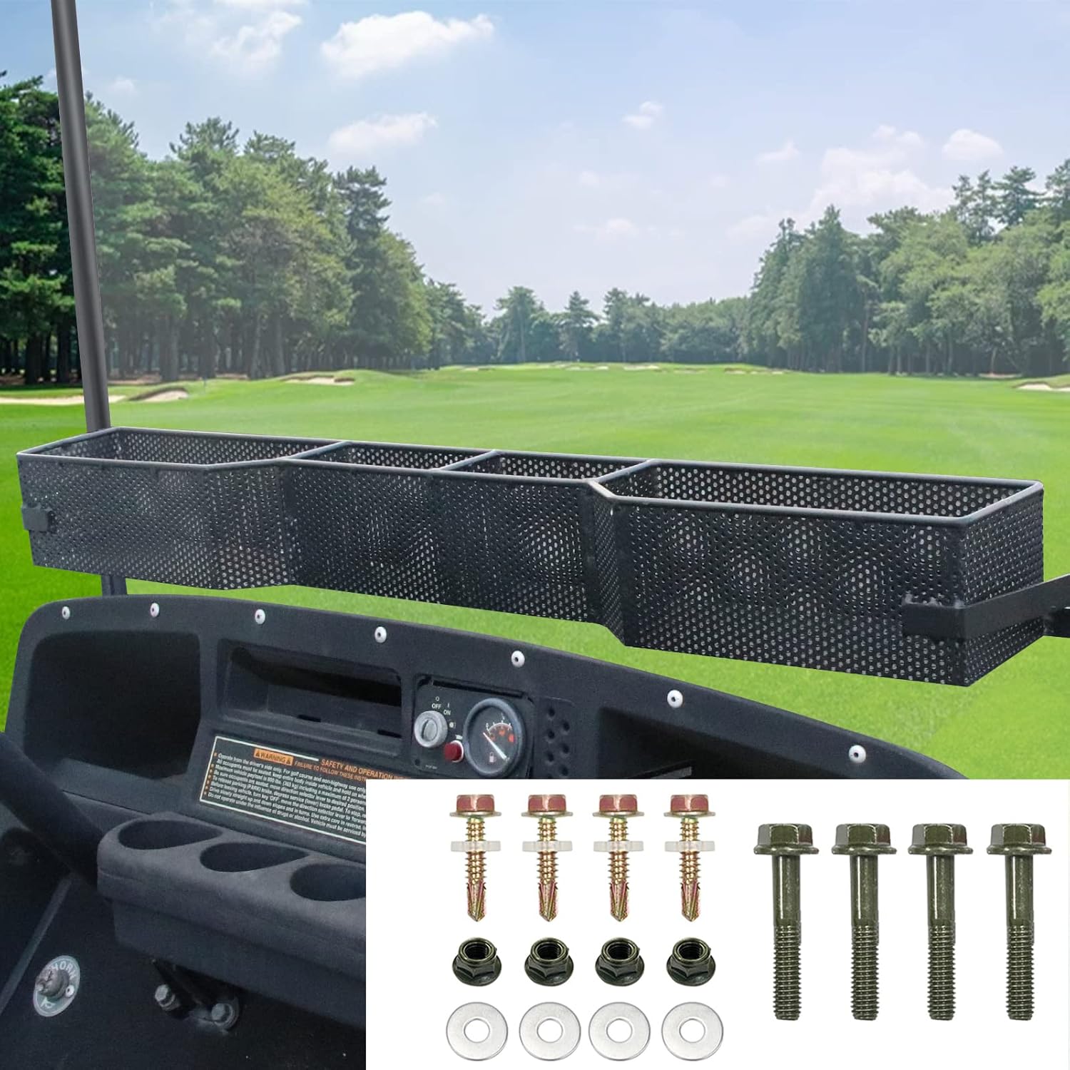 Golf Cart Front Inner Storage Basket for Club Car DS Precedent, EZGo RXV TXT, Dash Storage Tray Organizer, One Solid Piece Design, Electroplated Metal Mesh Large Compartments, Black
