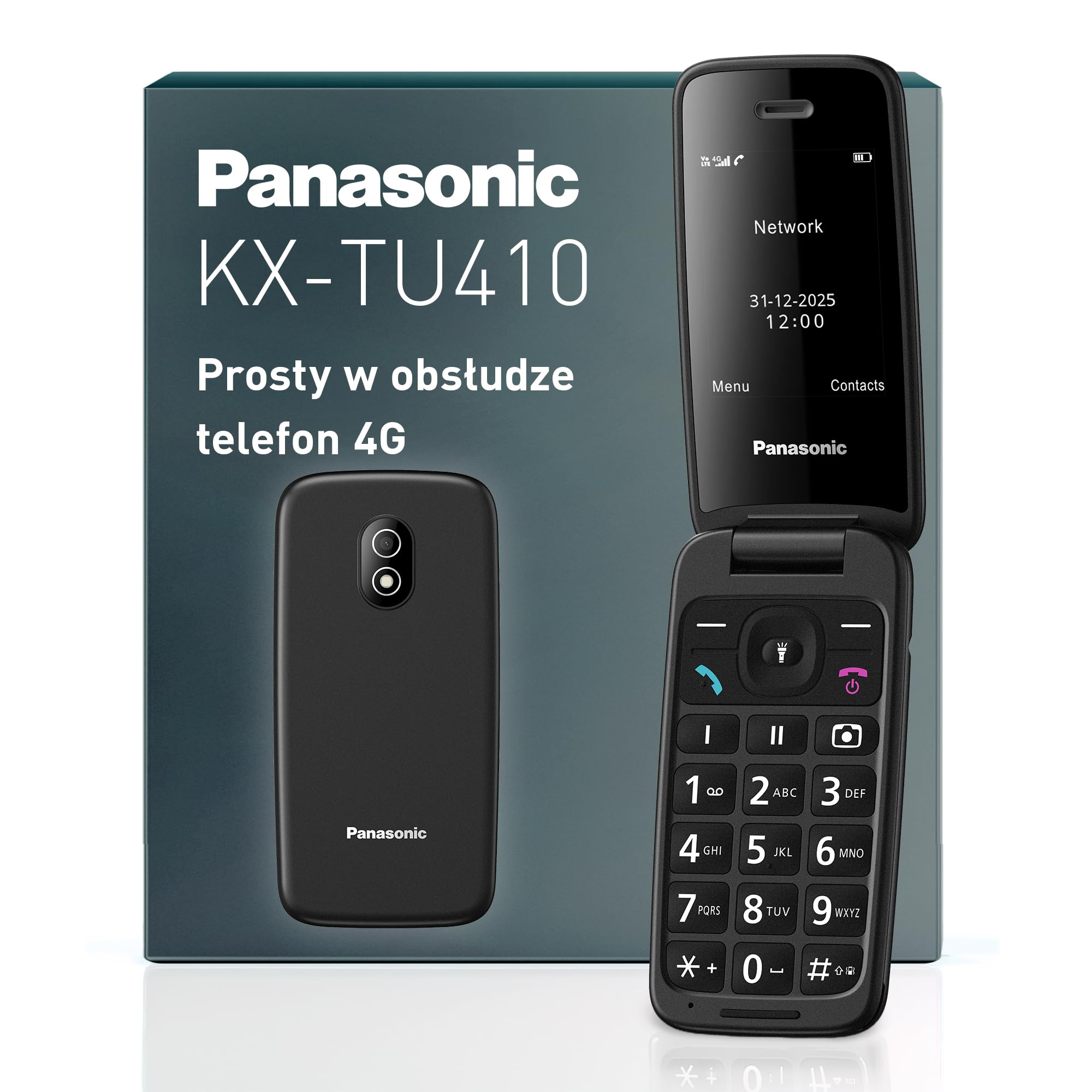 Panasonic KX-TU410 Telefon Komórkowy 4G Składany 2,4 Cala, Przycisk SOS, Bluetooth 5.0, HAC, Głośnik, IP44, Czarny