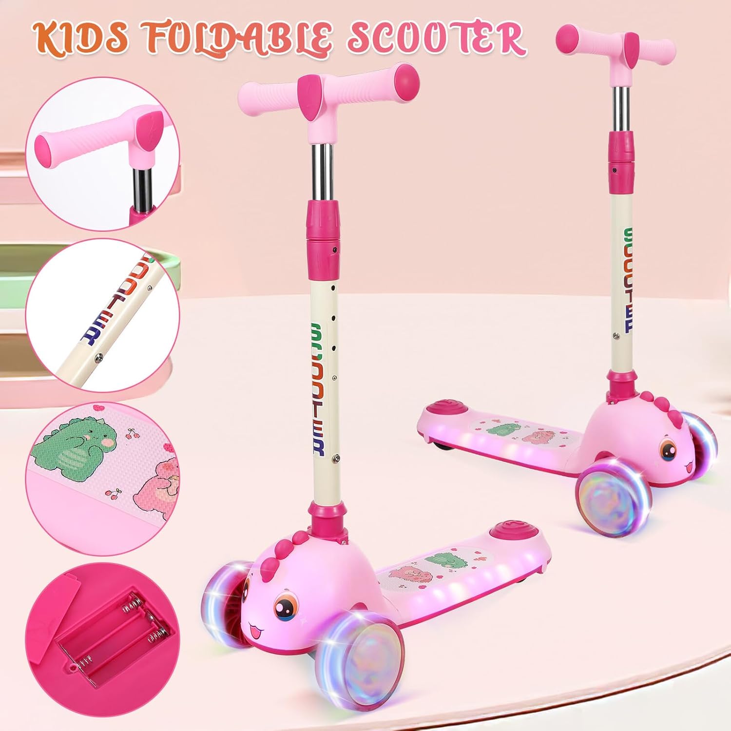 Foldable Scooter with Adjustable Handlebar Height and Flashing Light-up Wheels Three-Wheeled Outdoor for Ages and Easy to Store