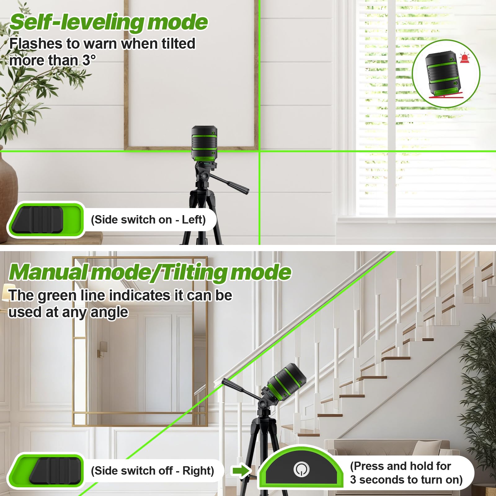 Nivel Laser con Tripode, Nivel Laser Autonivelante 360 Grados, Resistente al Agua IP54 y Brillo Ajustable, Laser Verde para Diseño de Interiores y Obras (con 2 Pilas AA)