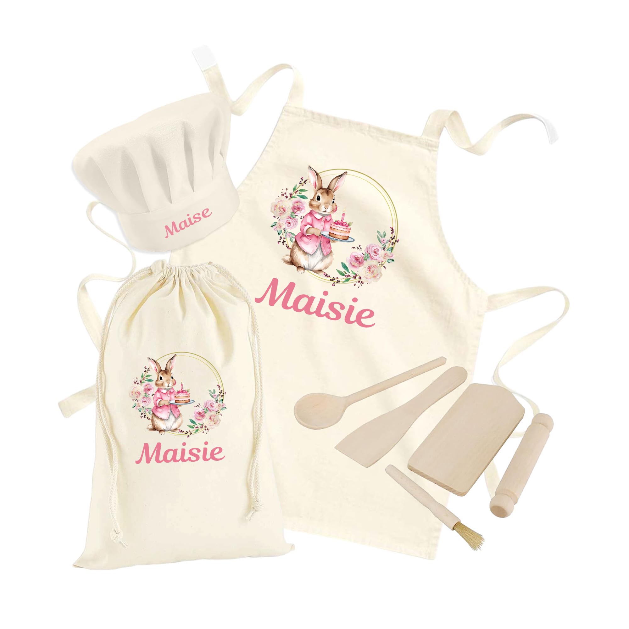 Hoolaroo Personalised Toddler Girl Baking Set Aprons For Cooking Kids Apron Hat Custom Apron Kids Cooking Utensils Gift Age 2-10 Set Pink Bunny Chef