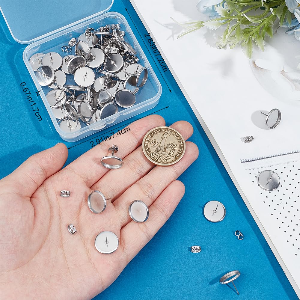 Beebeecraft 1 caja, 50 uds., Pendiente de 12mm, Ajuste de Cabujón, 316 bisel Redondo de Acero Inoxidable Quirúrgico, Pendiente de Tuerca En Blanco para Fabricación de Joyas DIY