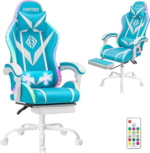Vista 12 de HOFFREE - Silla para juegos con luces LED RGB, silla ergonómica de masaje para videojuegos con reposapiés, respaldo alto reclinable, silla de rosado