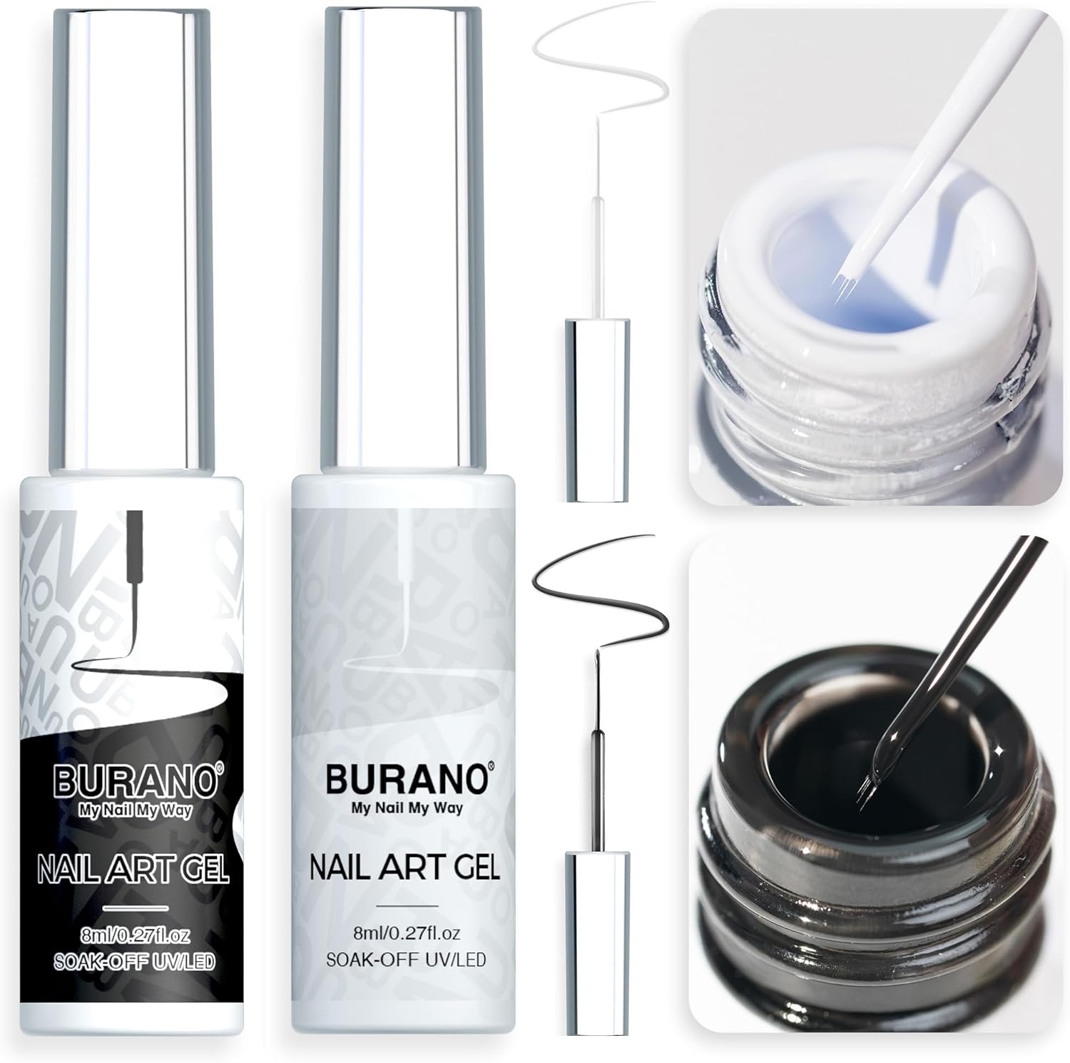 BURANO Gel Nail Polish 10ml, 2 Bottle Black White Liner UV LED Gellack Gel Polish, Liner Nail Polish Nail Art Manicure Pedicure