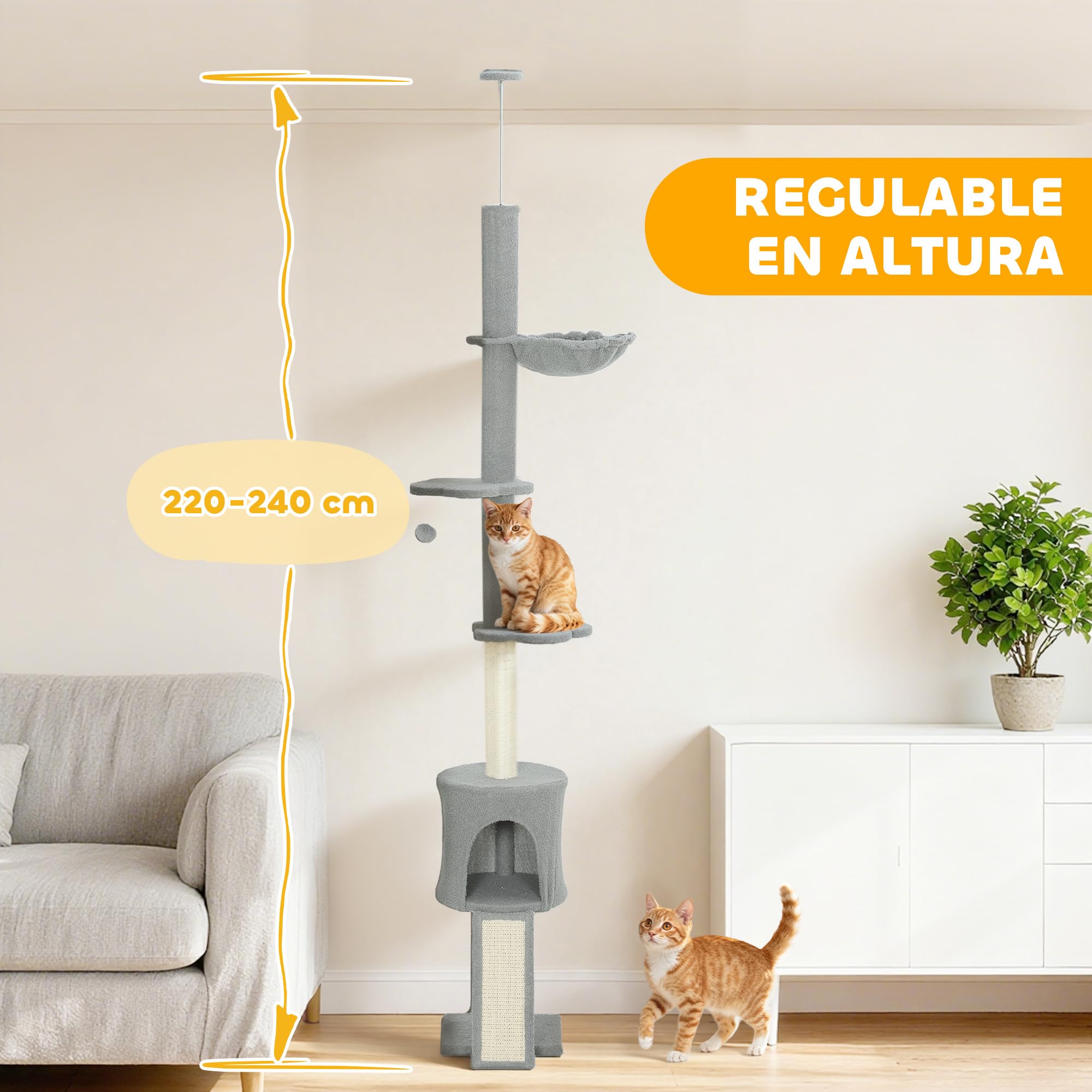 PawHut Árbol para Gatos de Suelo a Techo Regulable 220-240 cm Gris Claro | Torre para Gatos, Hamaca, Plataformas en Forma de Flor, Cuevas, Rampa, Bola