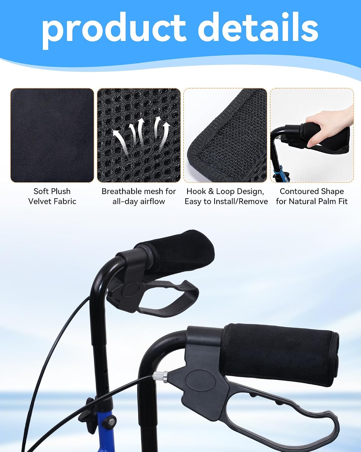 Walker Handle Cushions, Contoured Padded Hand Grip Covers for Rollator & Rolling Wheelchair, Soft Dutch Velvet Non-Slip Mobility Accessory, 1 Pair, Black