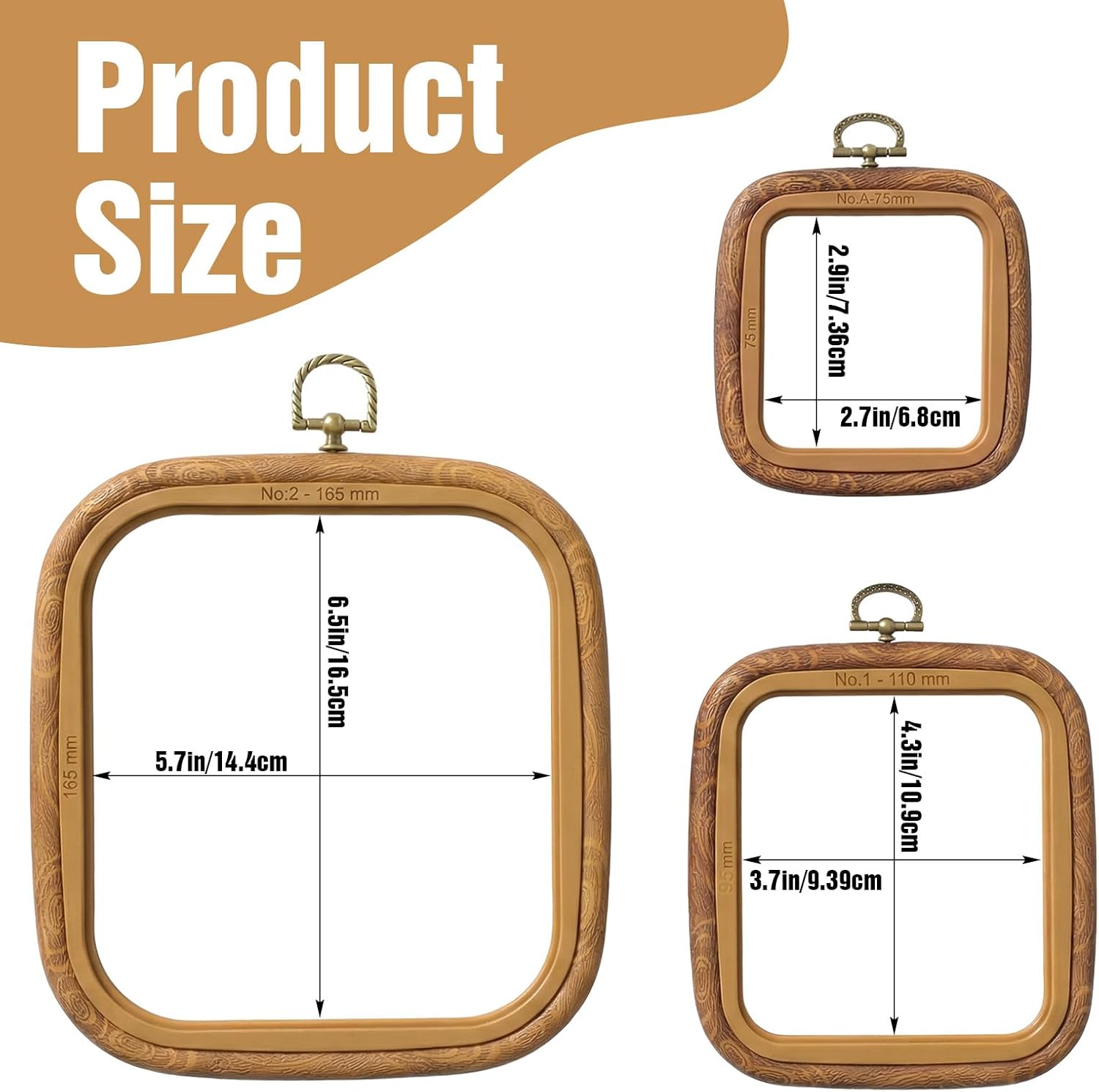 6 Pcs Square Embroidery Hoop Set, Embroidery Frame for Display, Decorative Wooden Embroidery Hoops for Cross Stitch, DIY Sewing Craft, Wall Hanging Ornaments, 3 Sizes, PVC Material