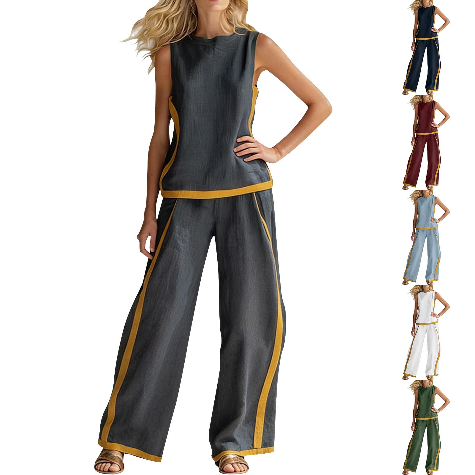 Ensemble en lin pour femme - Col rond - Débardeur sans manches et pantalon large - Design bloc de couleur - Vêtement de sport pour la course à pied, le yoga, le fitness, le fitness - Élégant