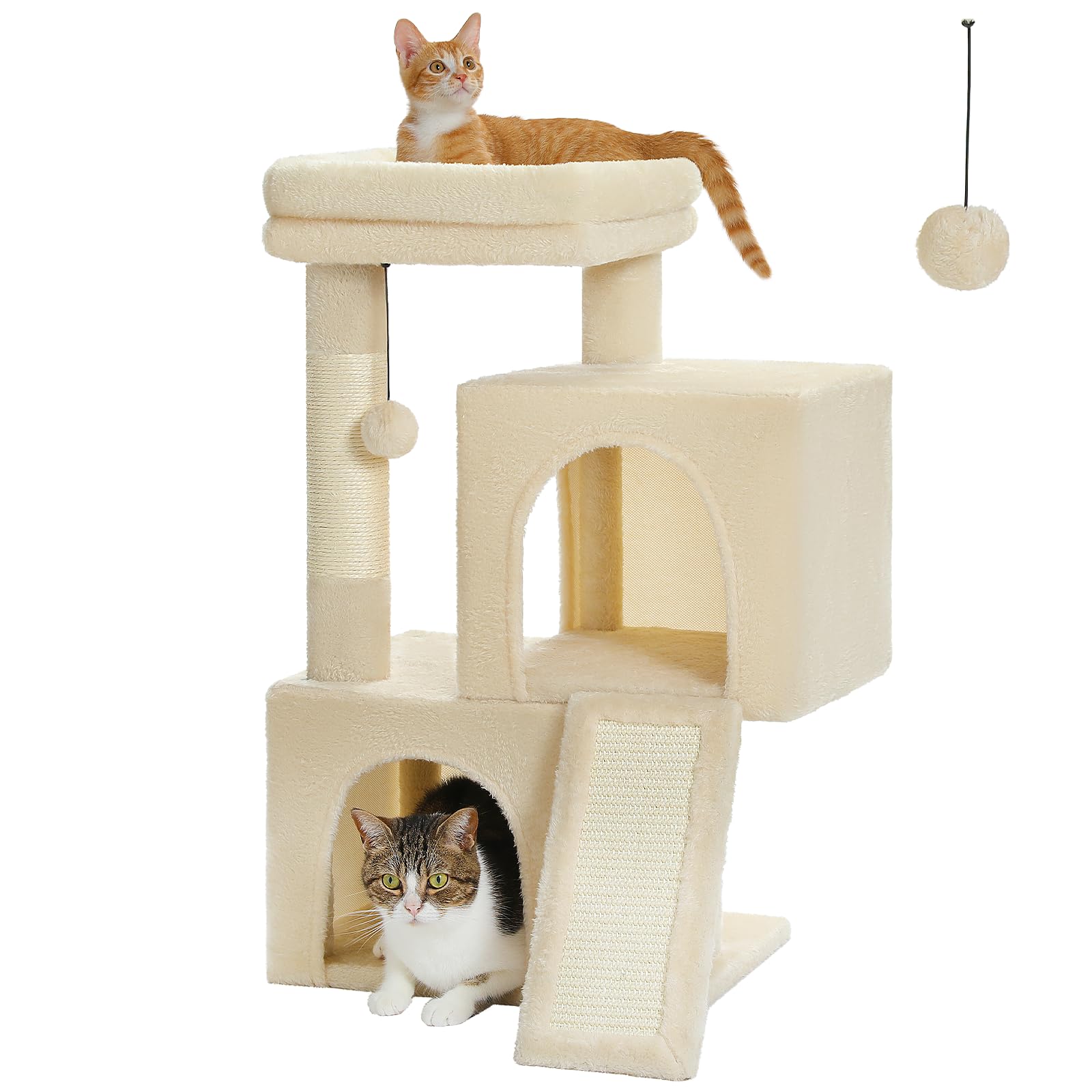 PETEPELA Rascador con doble condo para gatos de casa, casa todo en uno con barra acolchada, rampa y postes y bolas intercambiables, color beige