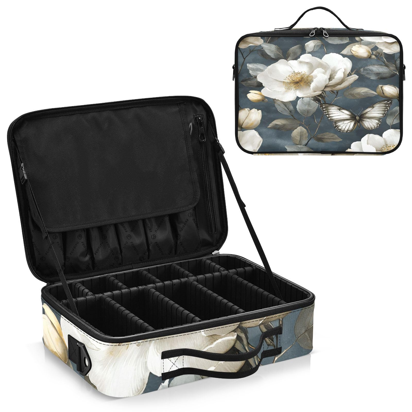 zyrtty Travel Makeup Train Case Flower White Pattern Butterfly Cosmetic Organizer Portable Storage Bag with Adjustable Dividers for Cosmetics Brushes Toiletry Jewelry Digital Accessories