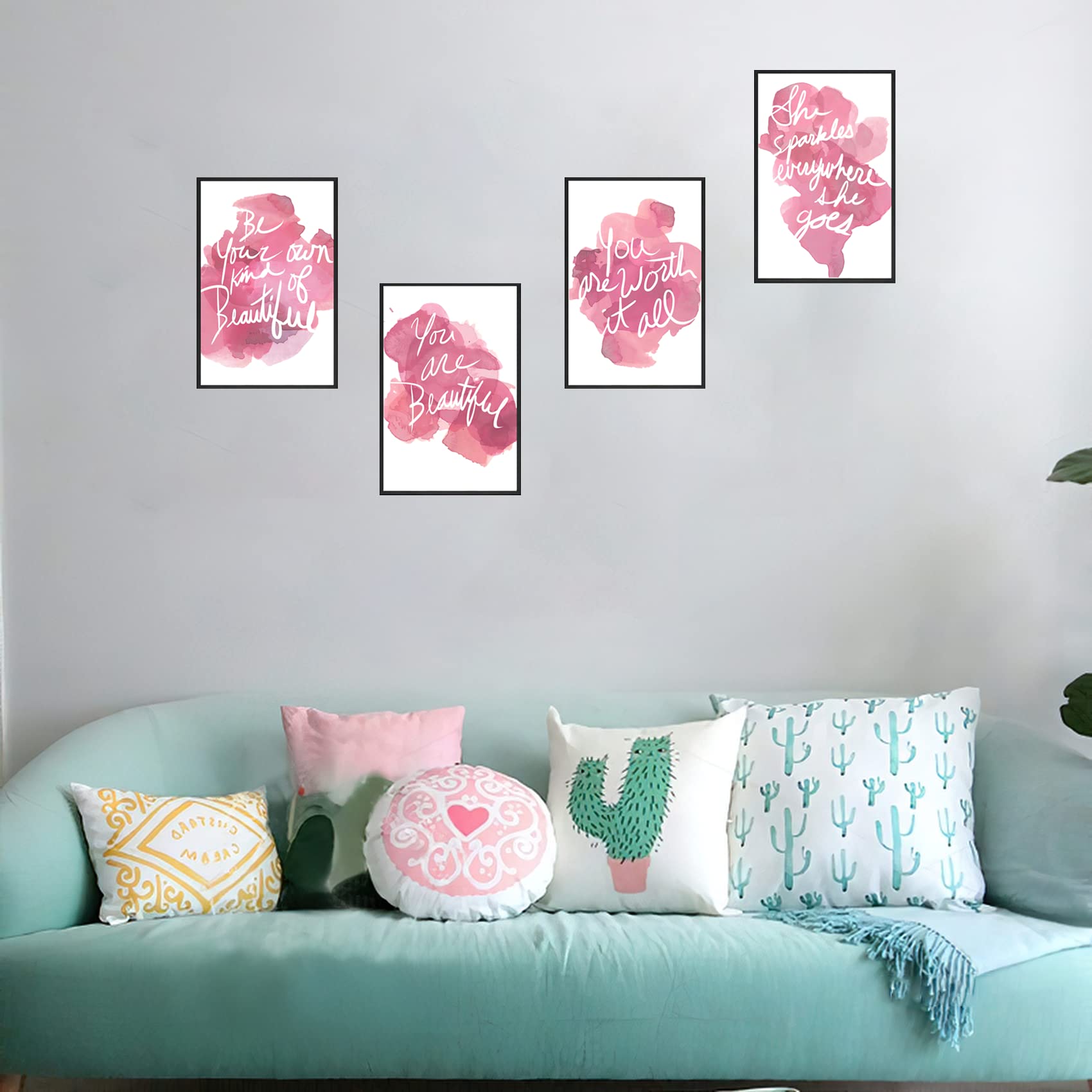 Set of 4 Inspirational Wall Art Pink Canvas Posters Framed Positive Quote for Girls Bedroom Living Room Home Decor - Image 2