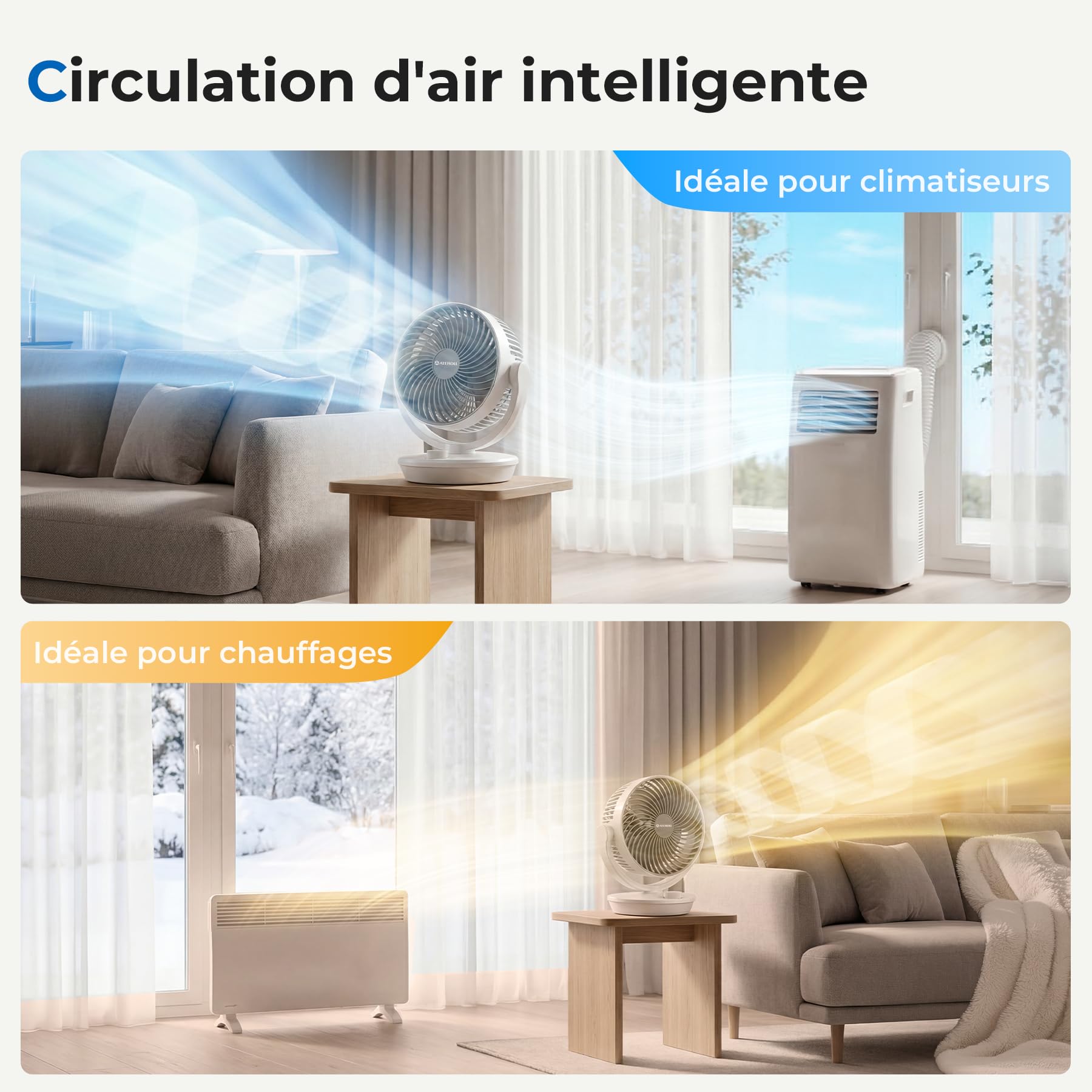 Ateroll Ventilateur Ultra Silencieux 27,5 cm, Ventilateur de Table Petit Circulateur d'Air 3D Turbo 3 Vitesses, 130° Vertical & 100° Horizontal Oscillant, Silencieux pour Chambre Salon Bureau