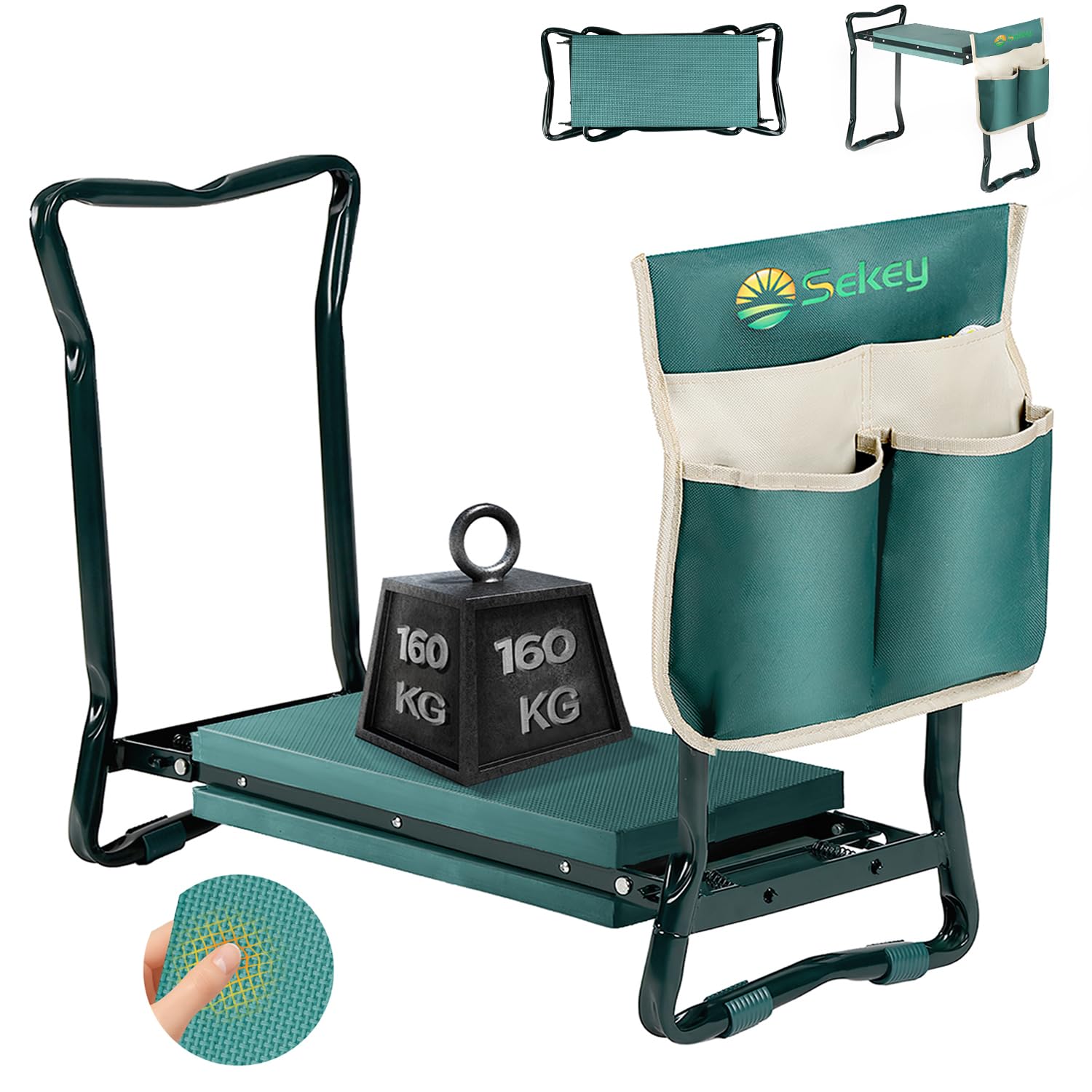 Sekey Reposarodillas Regulable en Altura para jardinería, Capacidad de Carga 160 kg, Taburete de jardín Plegable con Bolsillos para Herramientas, Ayuda para Rodillas para jardinería, 60 x 50 x 28 cm