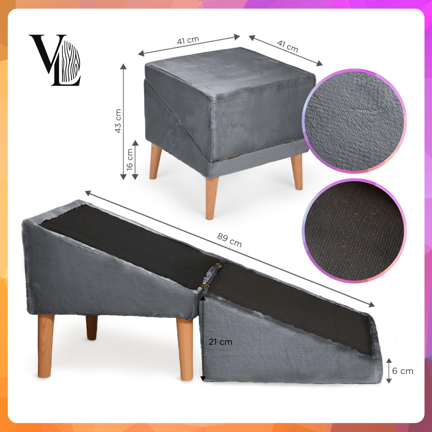VELORA H&L Hunderampe Dunkelgrau - 2in1 Hundetreppe und Sitzhocker, Klappbare Einstiegshilfe für Sofa und Bett, Stabile Holzkonstruktion mit Veloursbezug, rutschfeste Lauffläche für Hunde und Katzen