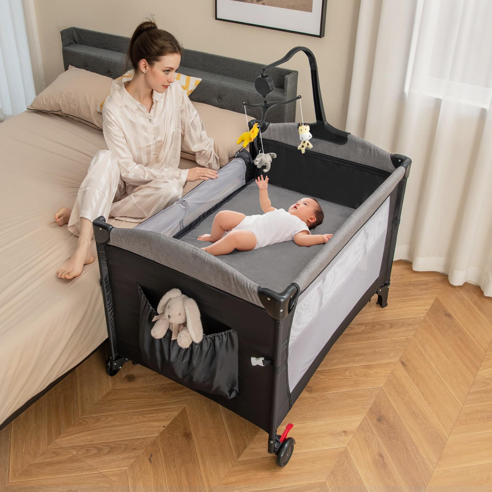 HONEY JOY Baby Bedside Sleeper, 6-in-1 Pack and Play w/Infant Bassinet, Diaper Changing Table & Portable Play Yard w/Zippered Door, 4 Adjustable Heights, Music Box & Side Storage Bag, Carry Bag(Black)