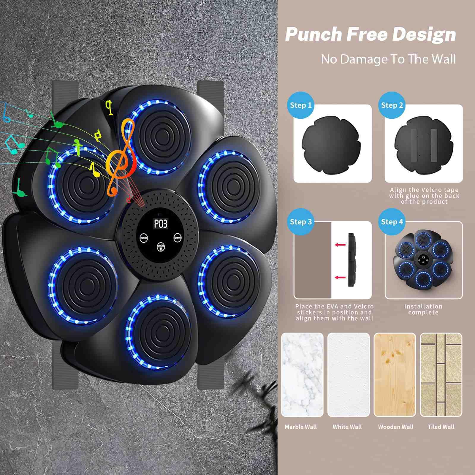 PZCC Machine à Boxe Musicale, 2024 Nouvelle Machine de Boxe Murale Intelligente -Bluetooth avec Gants de Boxe Adultes Enfants, 9 Le Mode de Vitesse et de décompte