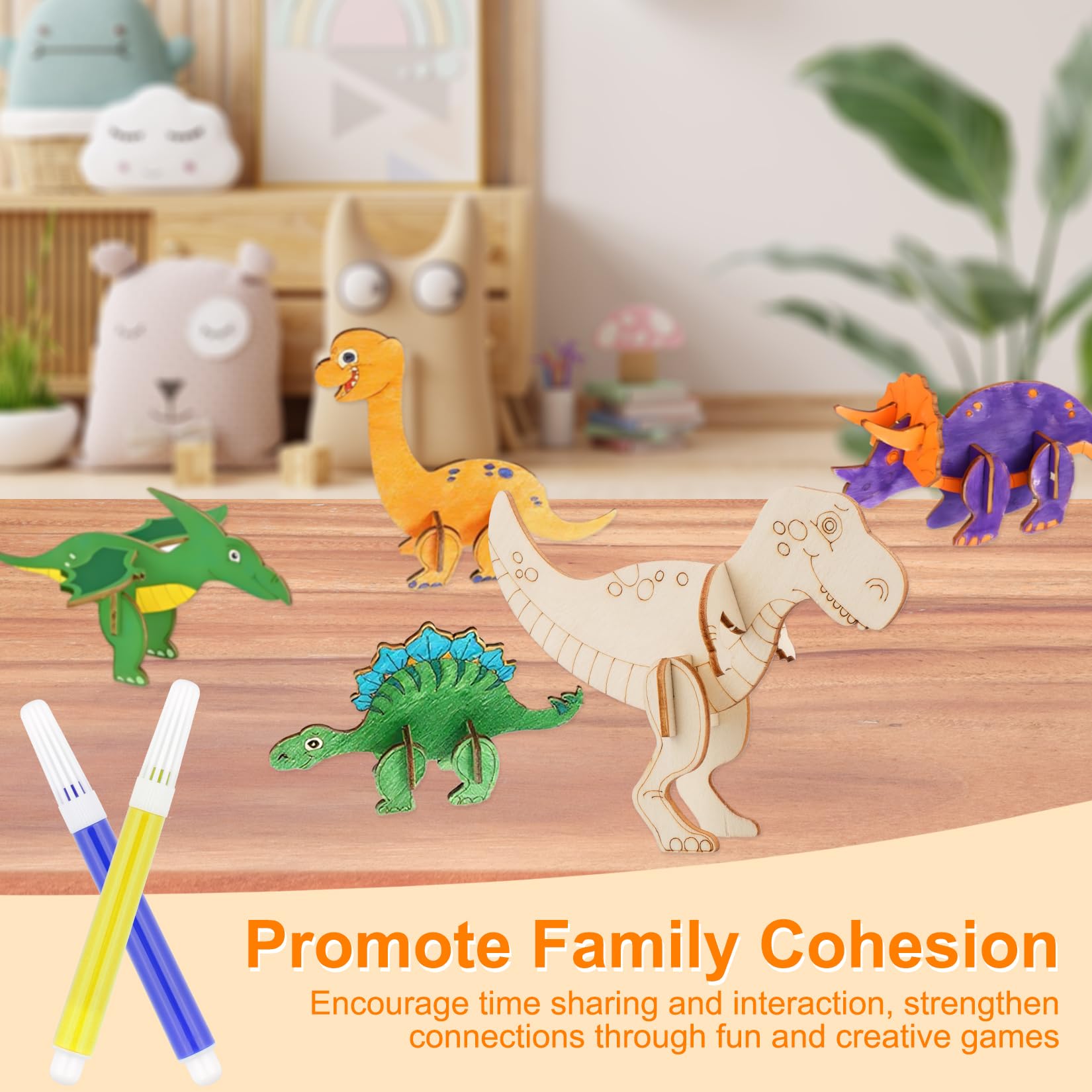 Fulushouxi Zestaw do majsterkowania z 10 dinozaurami z drewna, 3D puzzle z dinozaurami, zestaw DIY do urodzin smoka do malowania i robótek, materiały do robótek na imprezę z 12 piórami