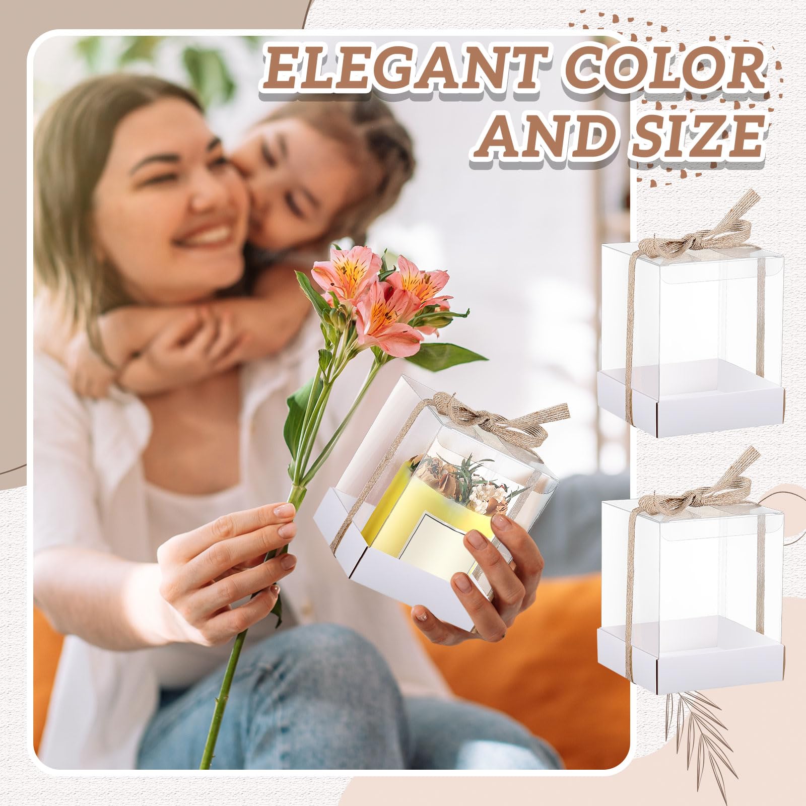 24 Stück 8,9 x 8,9 x 10,9 cm transparente Kerzen-Geschenkbox, Großverpackung, Box für Teelichter, Kerzenhalter, weiße Papierunterseite mit Band, für Weihnachten, Hochzeit, Babyparty, Party