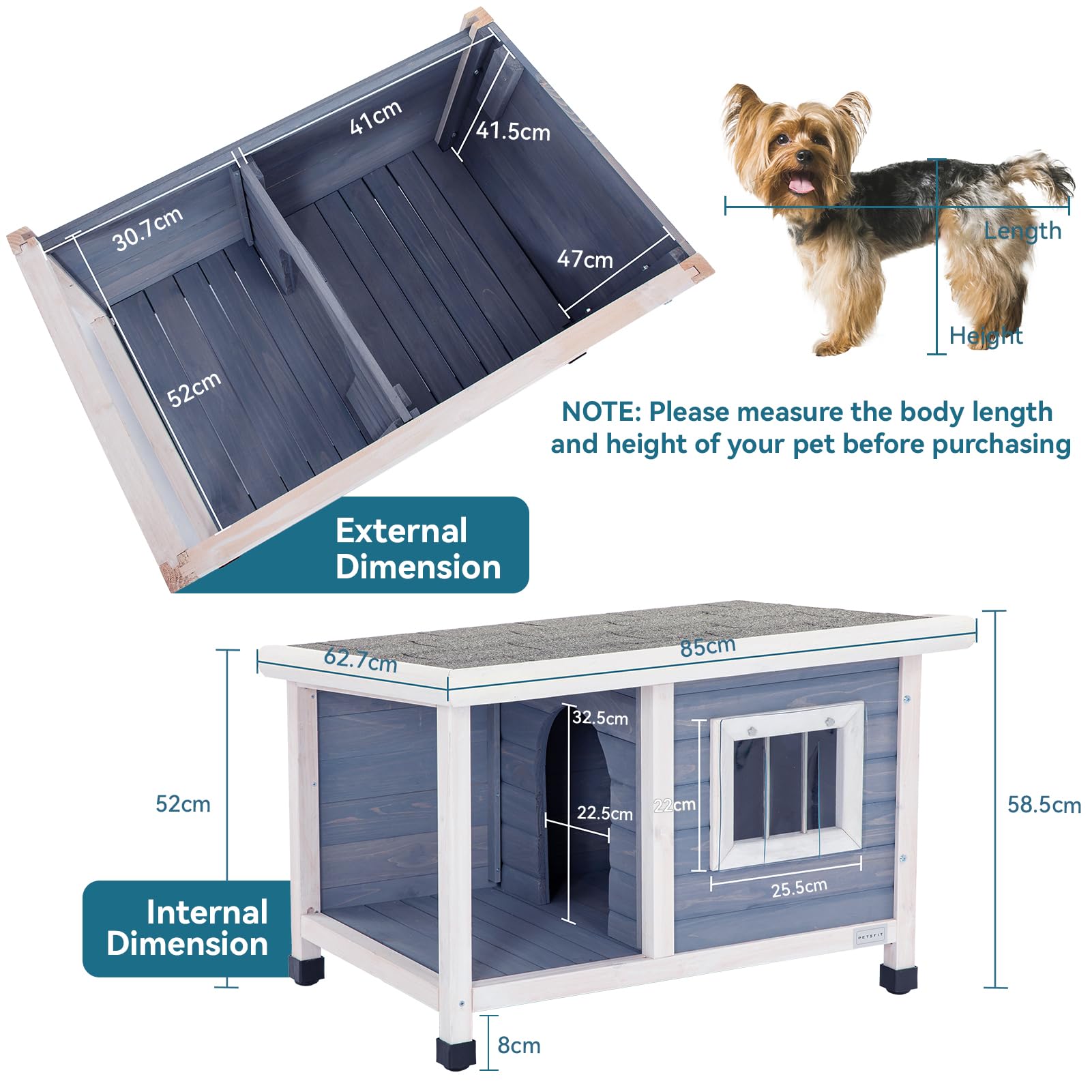 Petsfit Domek dla psów drewniany ze stalowym oknem, buda na zewnątrz z dachem asfaltowym