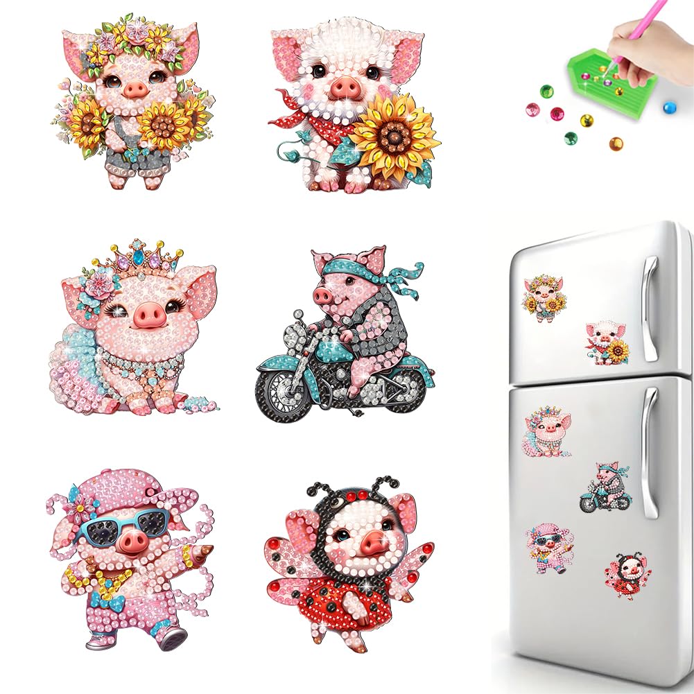 6PCS Pig DIY Diamond Painting Refrigerator Magnet Kit Mini Diamond Refrigerator Stickers Art Magnet Fridge Stickers Easy DIY Crafts for Beginner Ages 6-12 Decor Gift