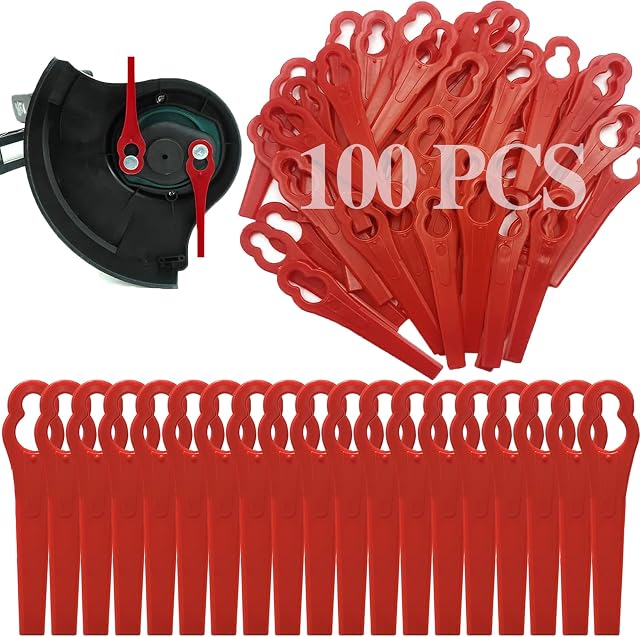 Xerteam 100 Pcs Garden Mower Replacement Blades, 83 mm Plastic Grass Trimmer Blades, Lawn Mower Accessories Tool Cordless Strimmer Cutting Blades for Stihl PolyCut 2-2 Bosch Red