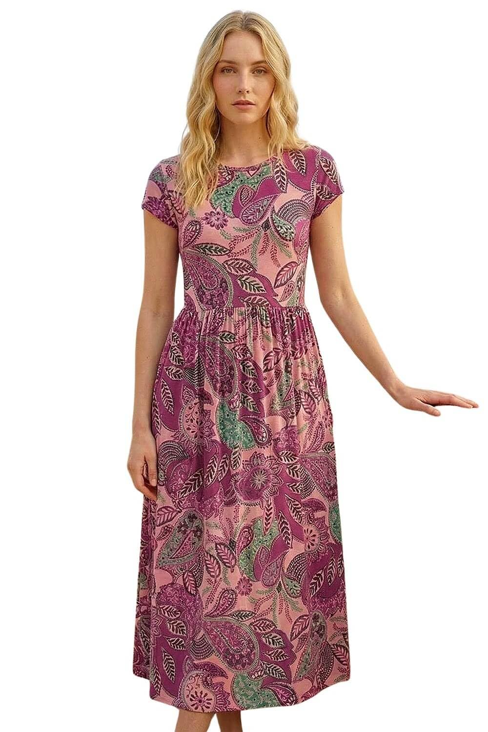 Roman Midi Dress with Pockets for Women UK Ladies Stretchy Jersey Maxi Long Short Sleeve Elasticated Gathered High Waist Boho Flattering Skater Swing Fit Flare - Paisley Magenta - Size 14