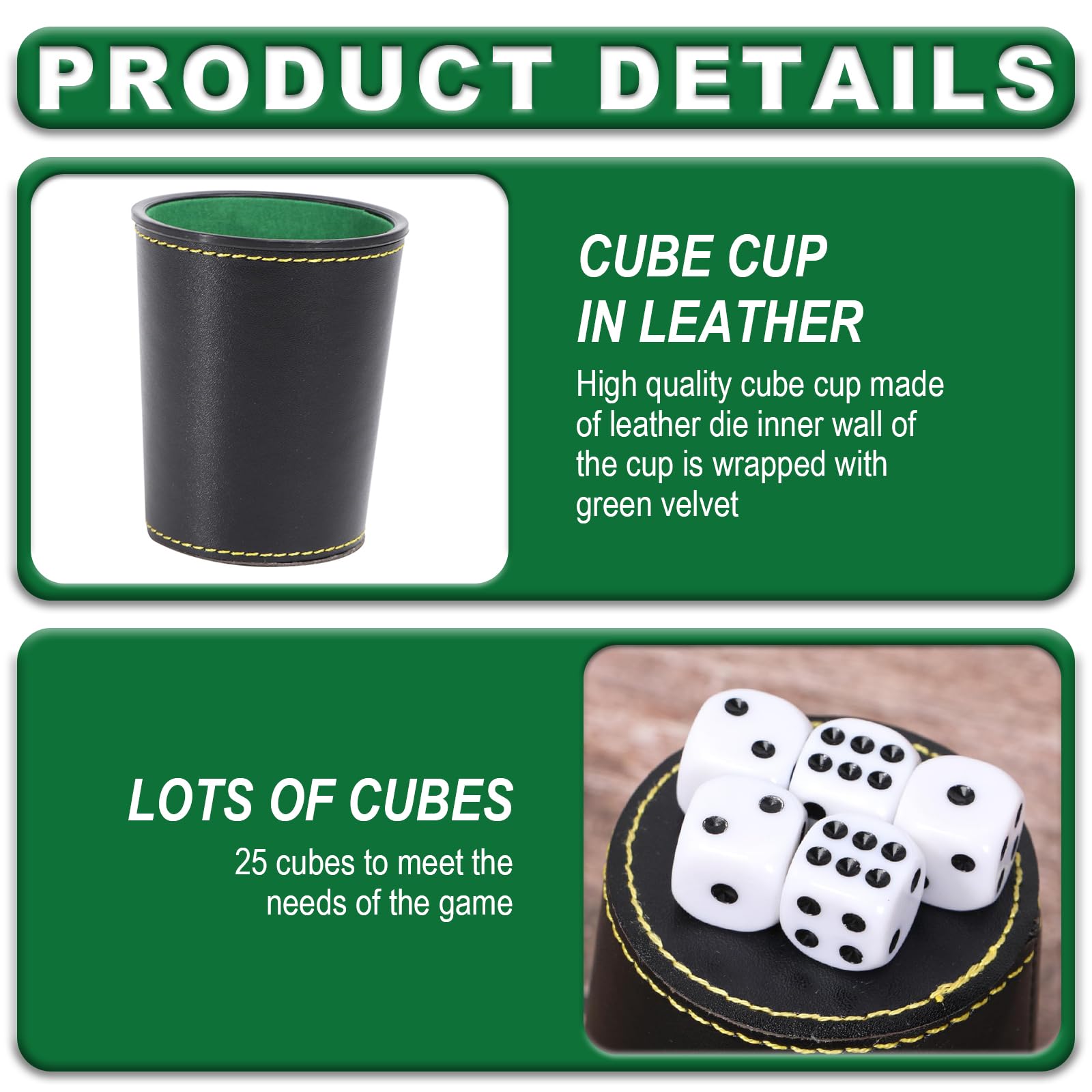 Juego Taza de Dados de Cuero Kniffel - 6 Tazas y 36 Dados - Juego Puzzle para Noches Divertidas - Incluye Almacenamiento - Ideal para Viajes