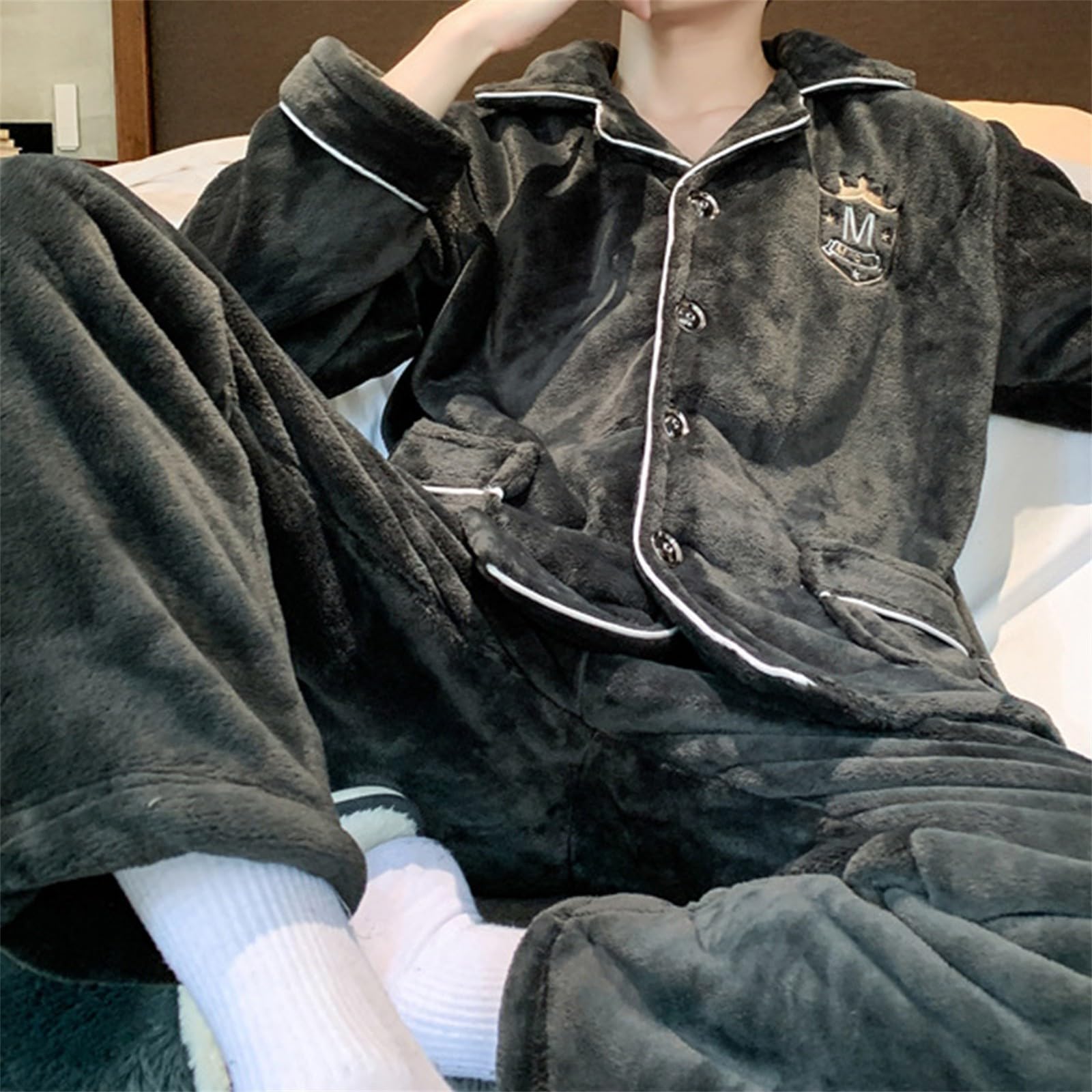 Generisch Conjunto de pijama azul de invierno de manga larga con cintura elástica gruesa y bolsillos suaves de franela para caso, albornoz de rizo para hombre