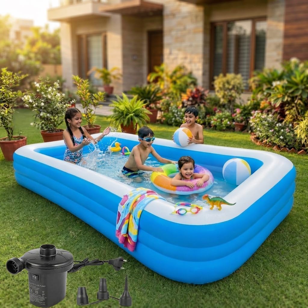 Kidoyz Inflatable Pool Family Swimming Pool with Air Pump – Foldable Portable Bath Tub for Kids & Adults, Easy to Set Up for Outdoor & Indoor Use (10 Feet + E-Pump)-image-34
