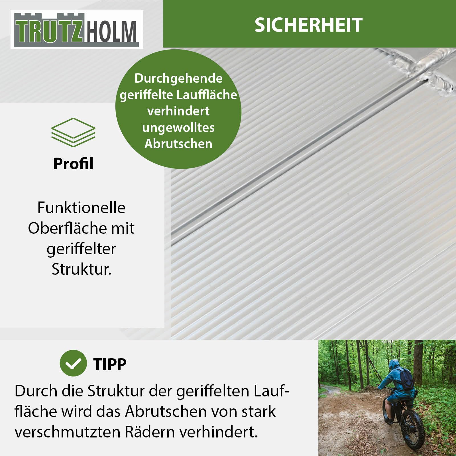 TRUTZHOLM Alu Auffahrrampe klappbar 307 cm extra lang 450 kg Traglast geriffelt Motorradrampe bewegliche Auflage anpassungsfähig Flacher Auffahrwinkel Tragegriff grau