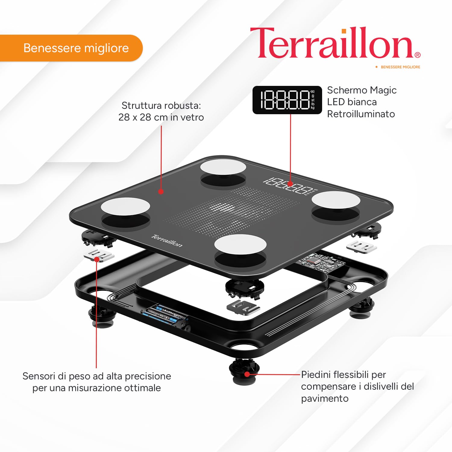 TERRAILLON - WEIGHT CONNECT - Bilancia Intelligente Bluetooth, analisi delle masse grassa, muscolare, idrica e ossea, BMI, capacità 180 kg, gradazione 50 g, schermo LED, vassoio vetro, nero