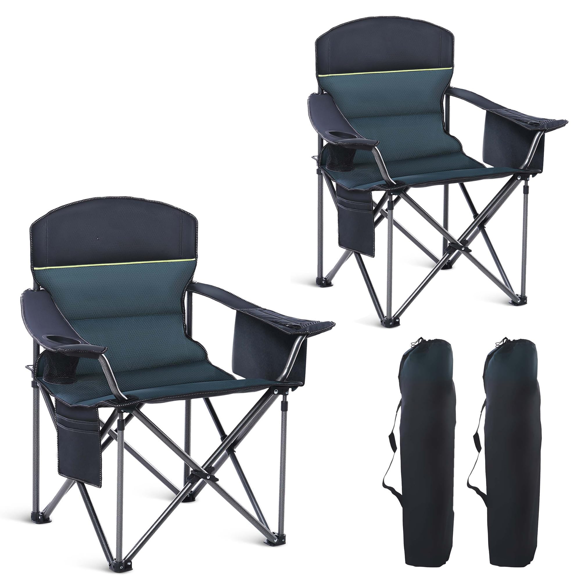 HIGH POINT SPORTS Campingstuhl Faltbar 2er Set 200kg Klappstuhl Gepolstert mit Getränkehaltern Faltbarer Angelstuhl XXL mit Armlehnen Outdoorstuhl (Grün)