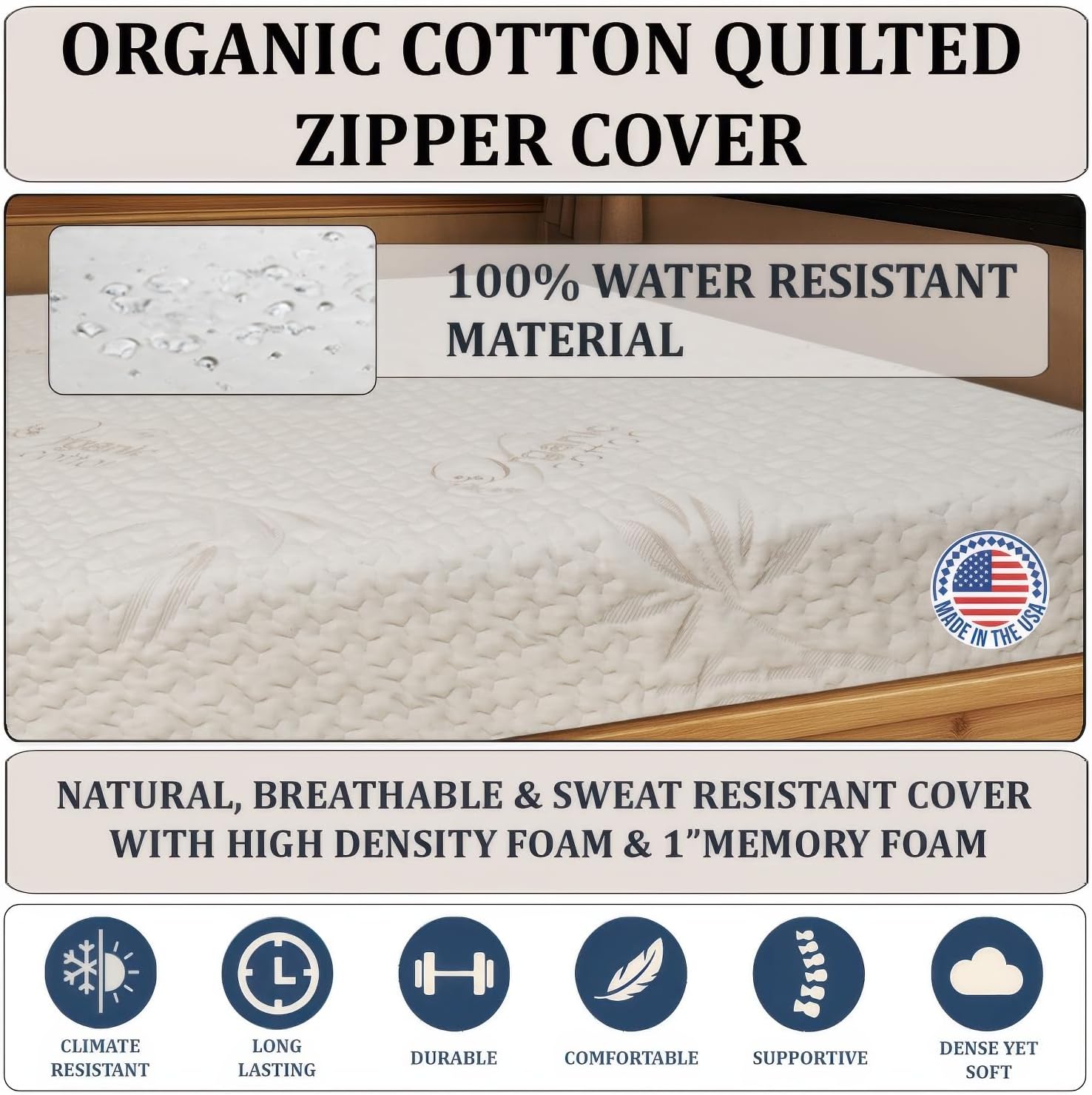 Foamma 3" x 42" x 80", Firm with Organic Cotton Cover, Mattress Topper for RV Bunk, Camper, Truck & Travel Trailer, Back Support, CertiPUR-US Certified, Made in USA