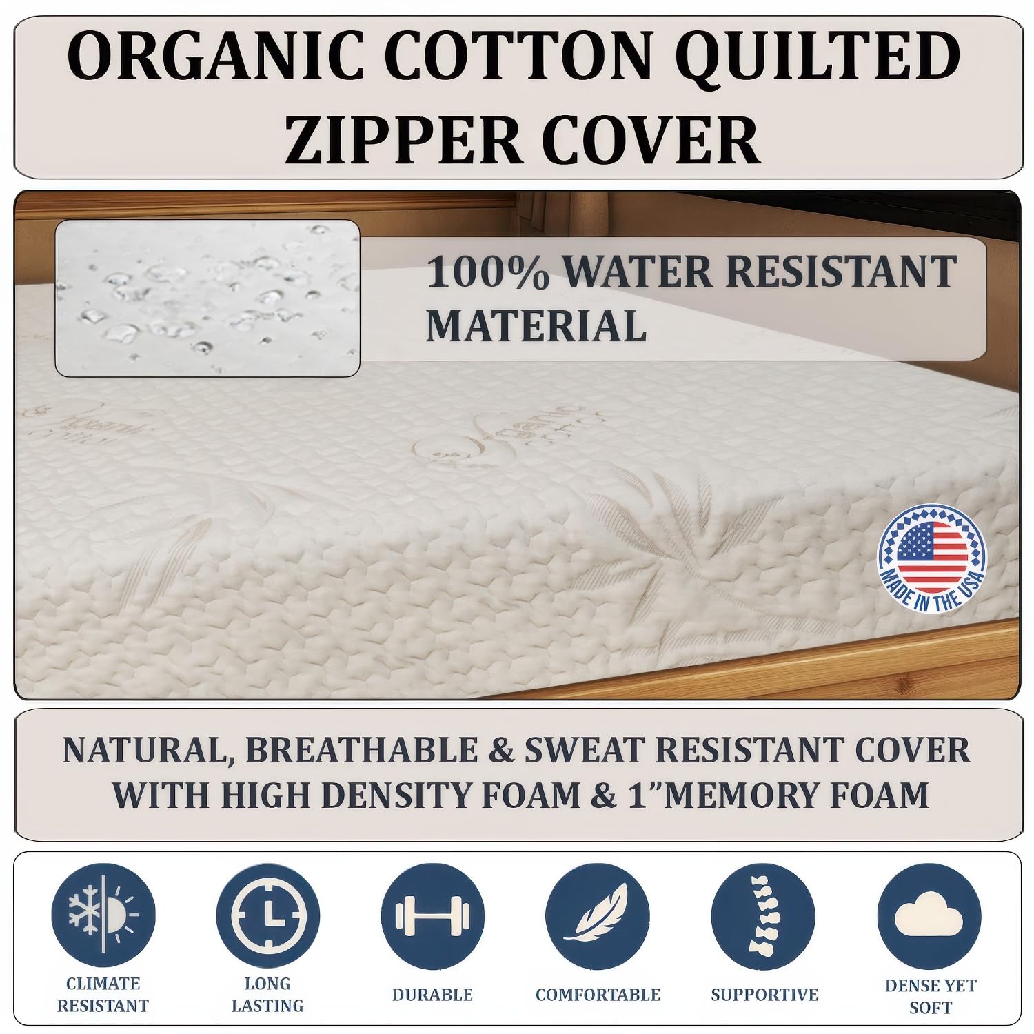 Foamma 10 cm x 61 cm x 183 cm Ciężarówka, Camper, RV Travel Visco Gel Memory Foam Materac piętrowy, pokrowiec z bawełny organicznej, wyprodukowano w USA, wygodna, przyczepa podróżna, certyfikat