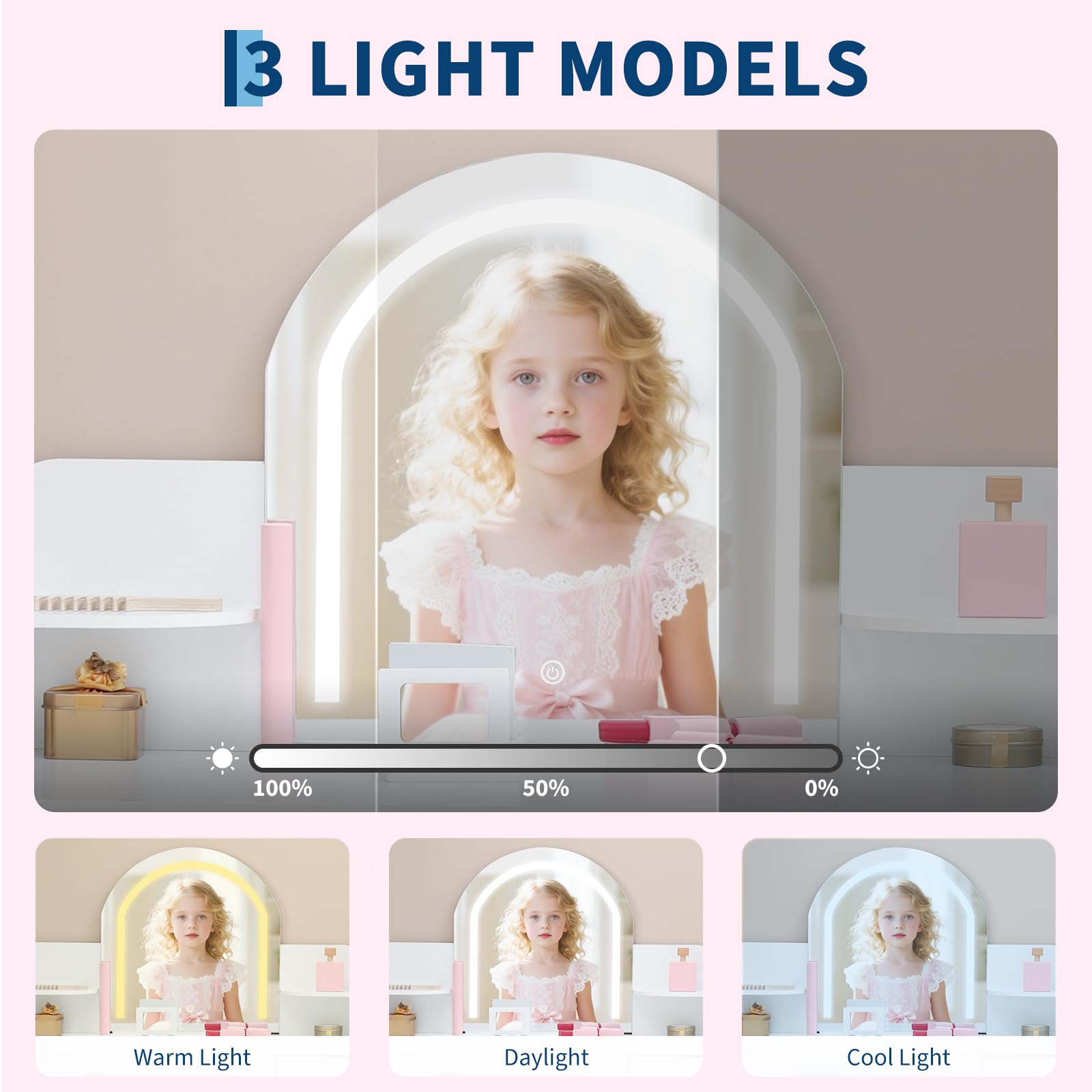 GarveeHome Kinder Schminktisch Set mit LED-Spiegel & Hocker – Holz Schminktisch für Mädchen mit Schubladen, offenen Fächern & Bücherregal – Perfekt für Kinderzimmer oder Spielzimmer – Farbe: Weiß
