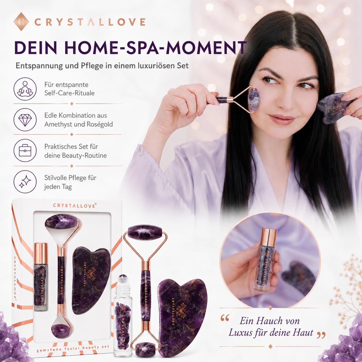 CRYSTALLOVE Amethyst Beauty Set, Gesichtsroller & Gua Sha Stein aus 100% natürlichem Amethyst, Jade Roller Alternative, Gesichtsmassage Set mit Roll-on Flasche 10 ml, Geschenkset für Frauen