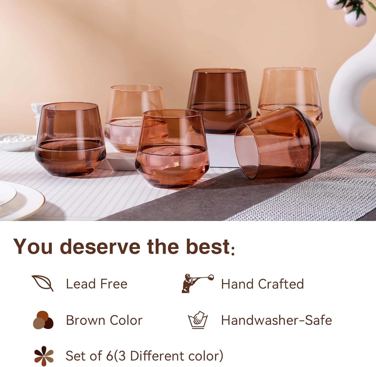 Venus Stemless Wine Glasses Set 6-14oz Melanin Colored Wine Glasses Stemless【HandBlown】 Brown Wine Glasses Set,Unique Brown Wine Glasses for Kwanzaa