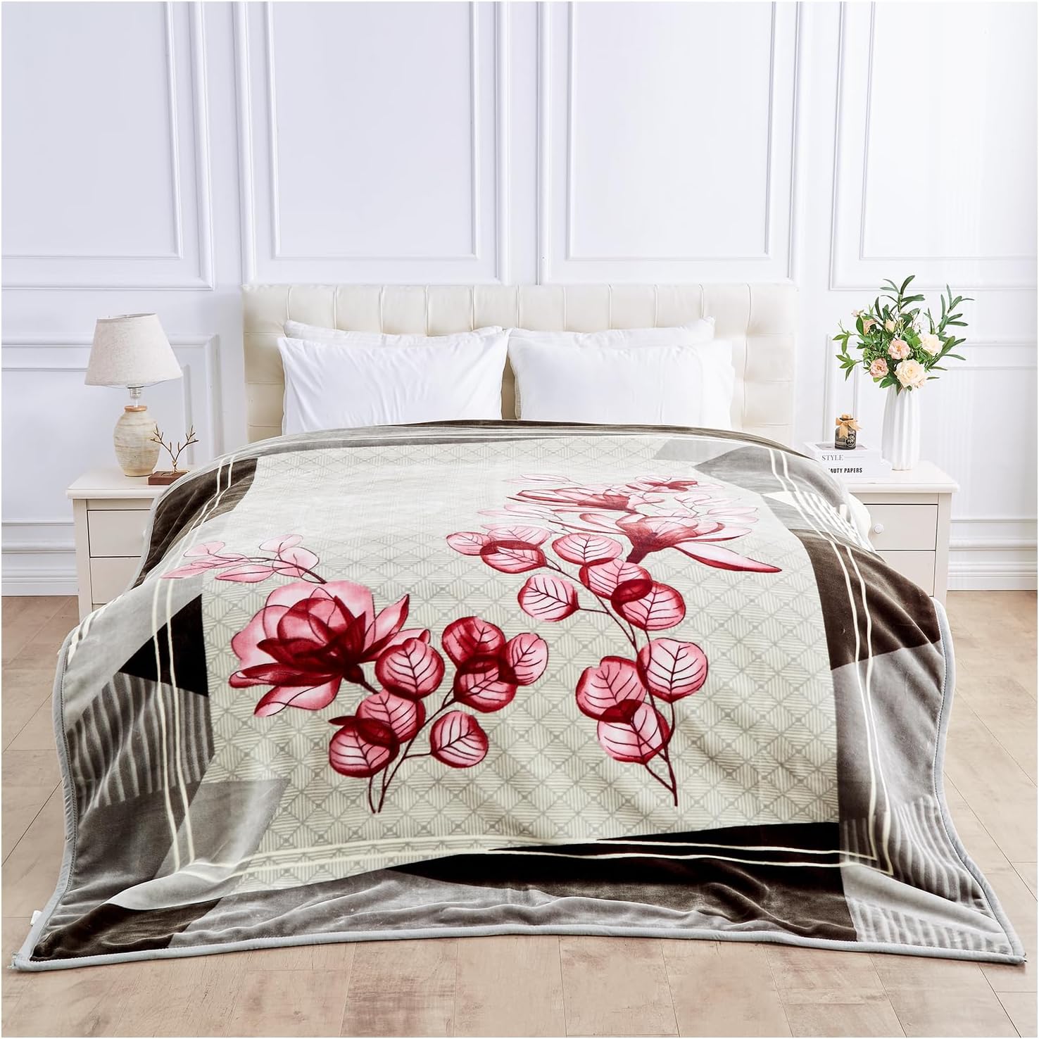 Fleece Blanket Double Ply Reversible - Faux Fur Fluffy Throw Botanical Blanket for Bed - Soft Warm King Size Fleece Blanket 6Kg - Bed Throws Thick Heavy Blanket Adult Bedroom (240x200cm)